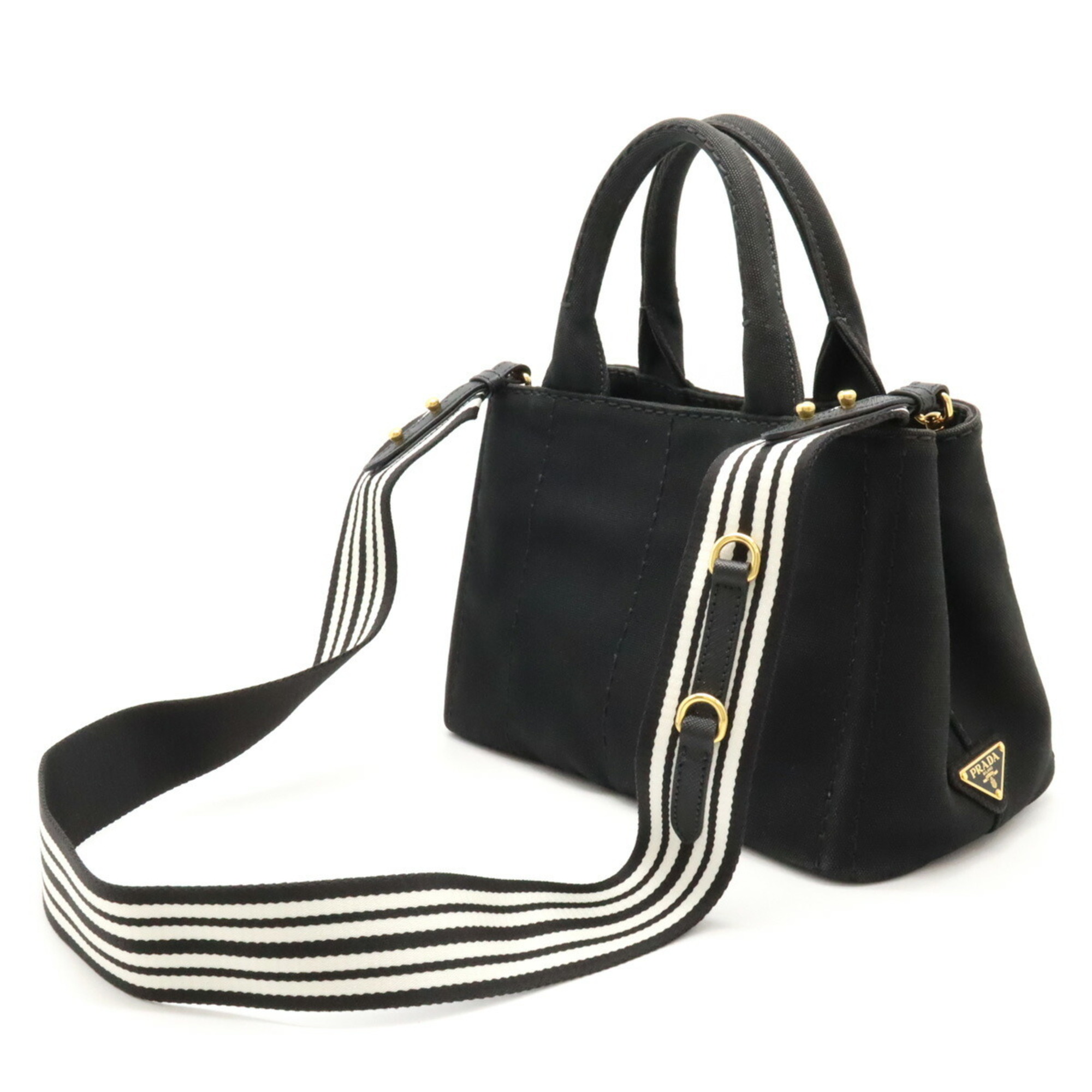 PRADA CANAPA Tote Bag Shoulder Striped Canvas NERO Black 1BG439