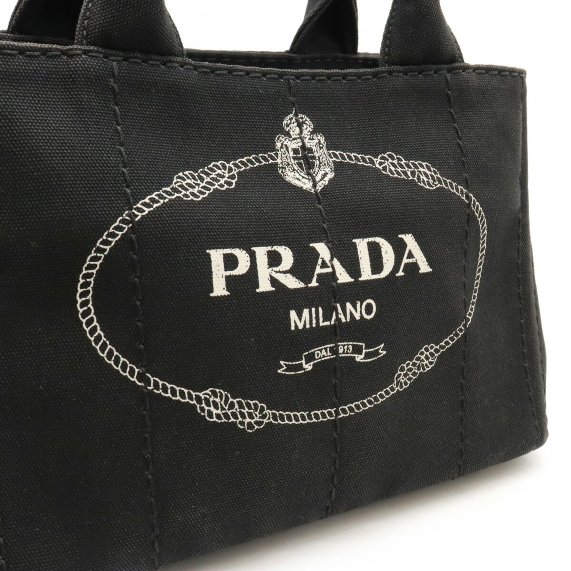 PRADA CANAPA Tote Bag Shoulder Striped Canvas NERO Black 1BG439