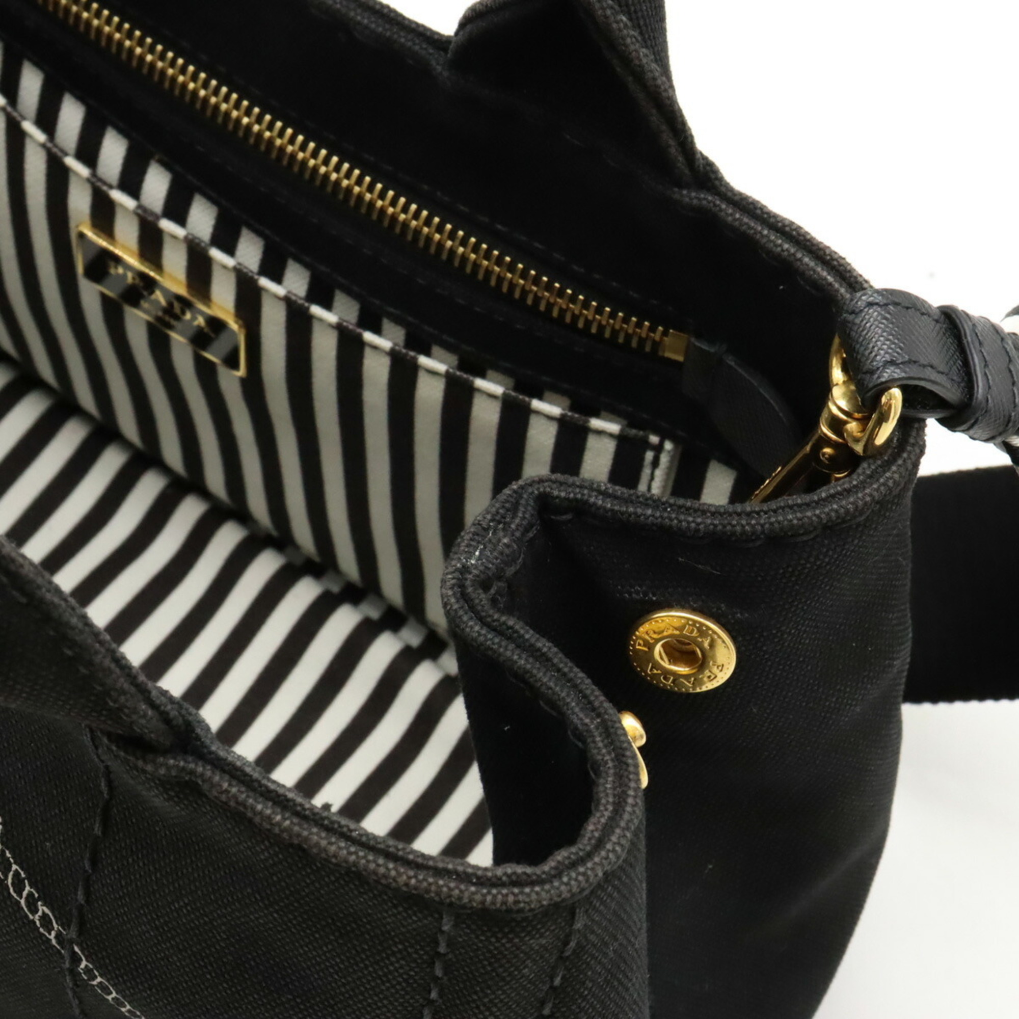 PRADA CANAPA Tote Bag Shoulder Striped Canvas NERO Black 1BG439