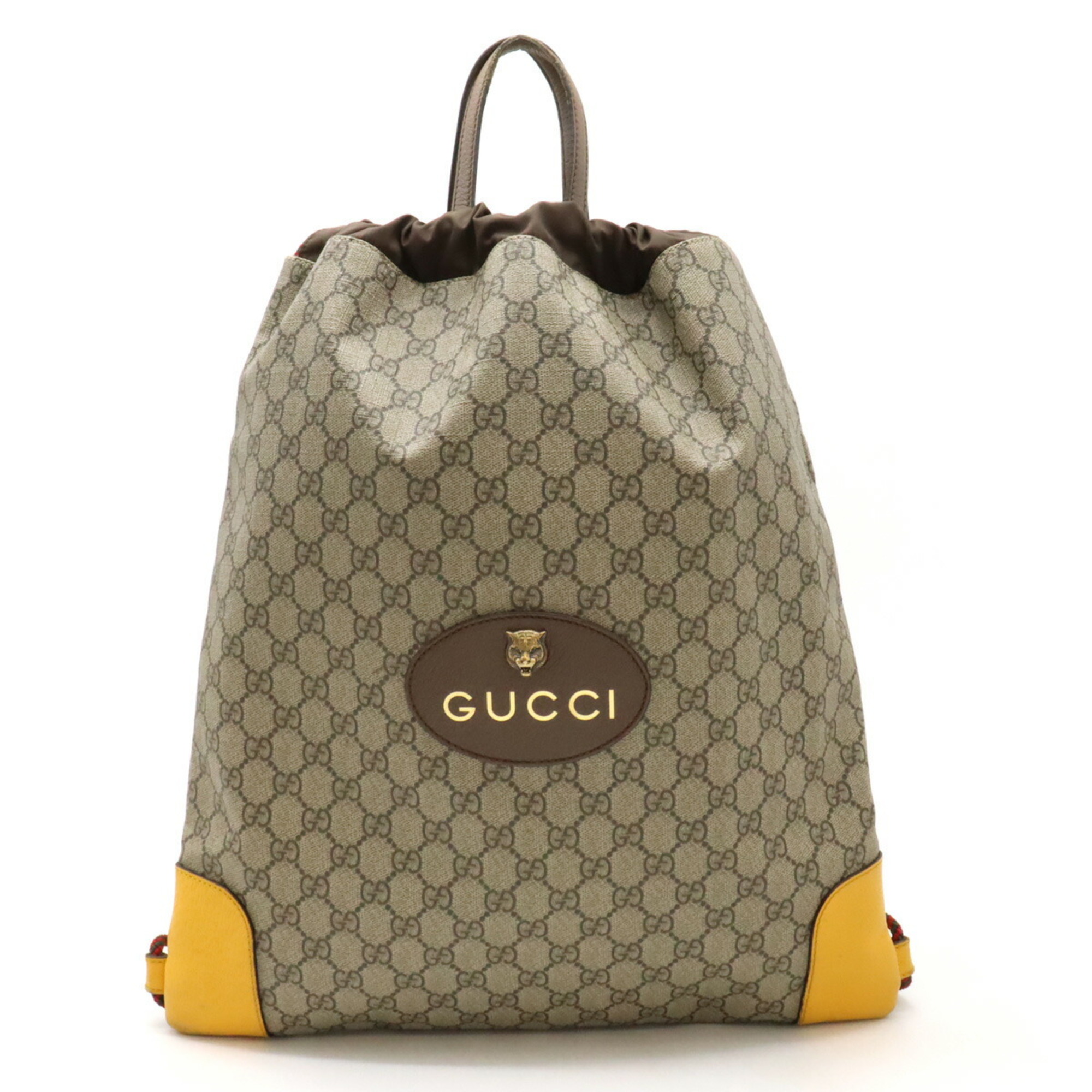 GUCCI GG Supreme Cat Head Drawstring Backpack PVC Beige Dark Brown Yellow 473872