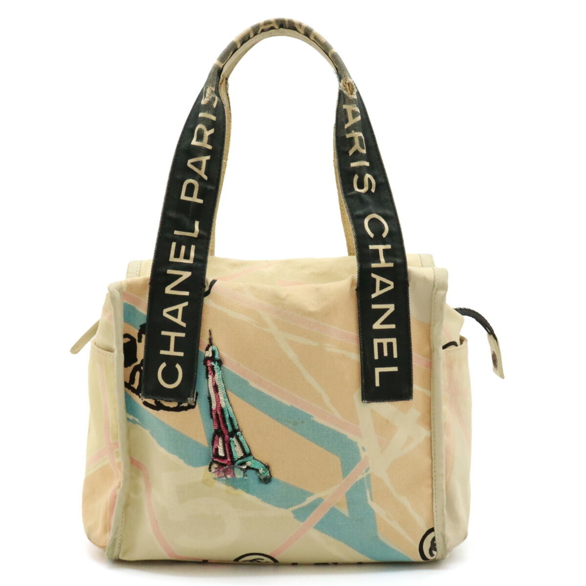 CHANEL Cruise Line Paris Map Eiffel Tower Tote Bag Handbag Canvas Sequins Beige Pink A30833