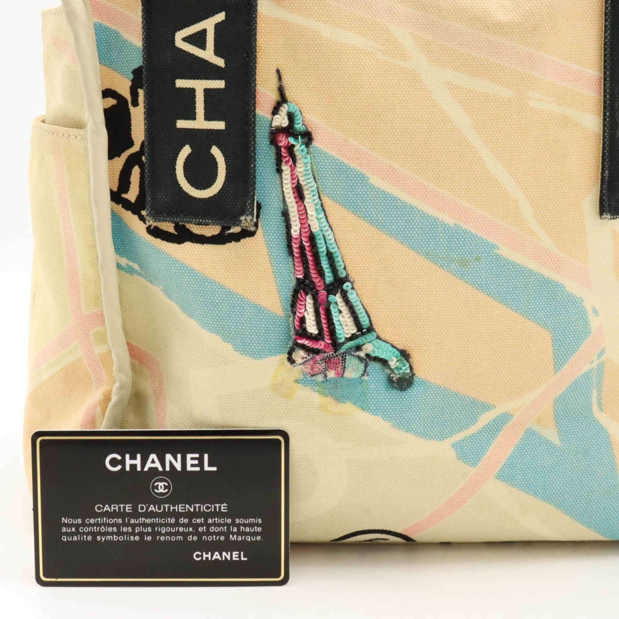 CHANEL Cruise Line Paris Map Eiffel Tower Tote Bag Handbag Canvas Sequins Beige Pink A30833