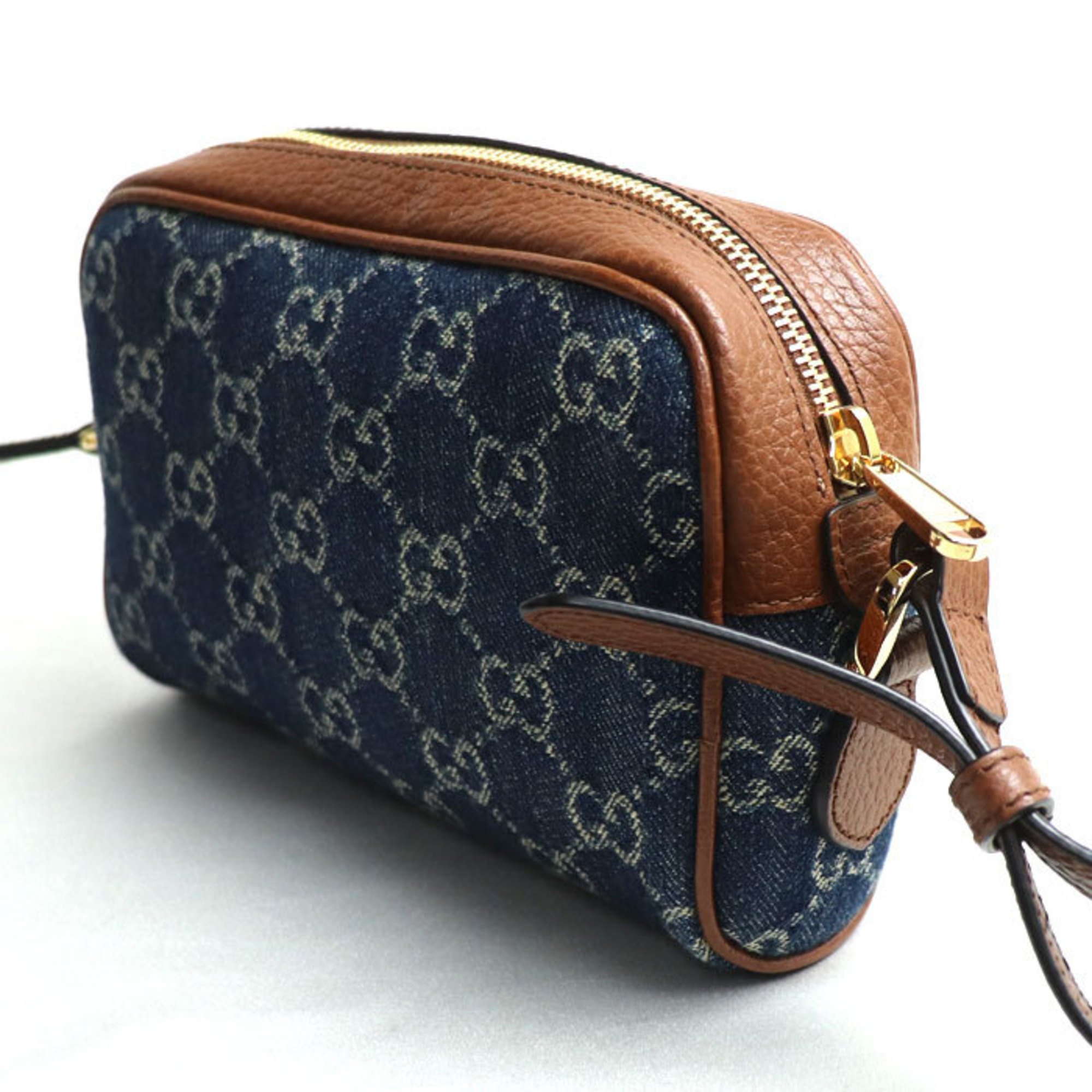 GUCCI GG Jacquard Denim Bag Shoulder Blue Brown 517350 Women's