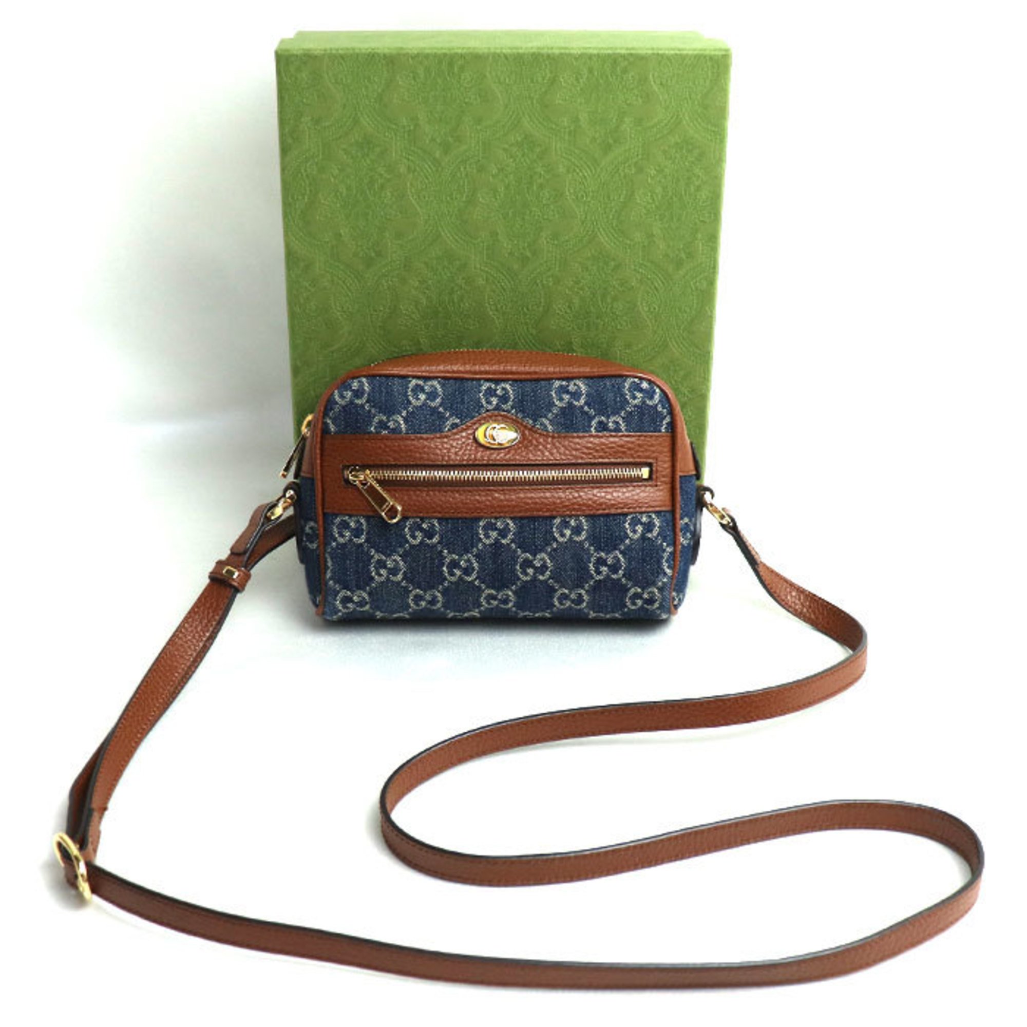 GUCCI GG Jacquard Denim Bag Shoulder Blue Brown 517350 Women's