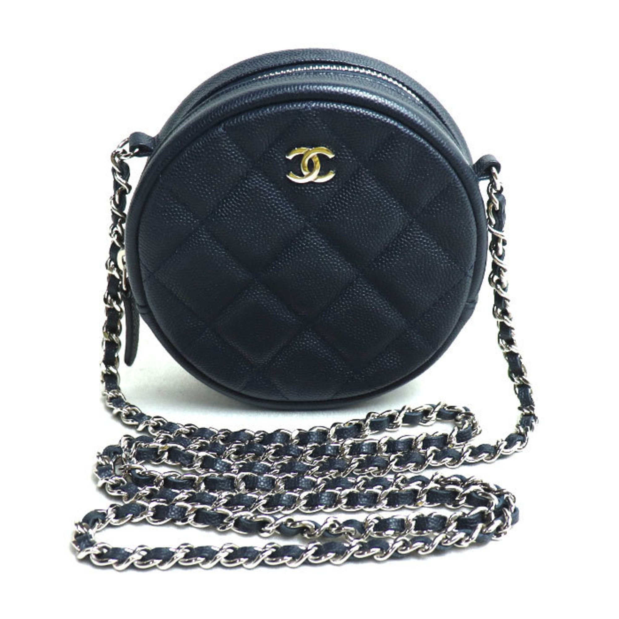 CHANEL Chanel Matelasse Round Chain Shoulder Bag Navy Women's