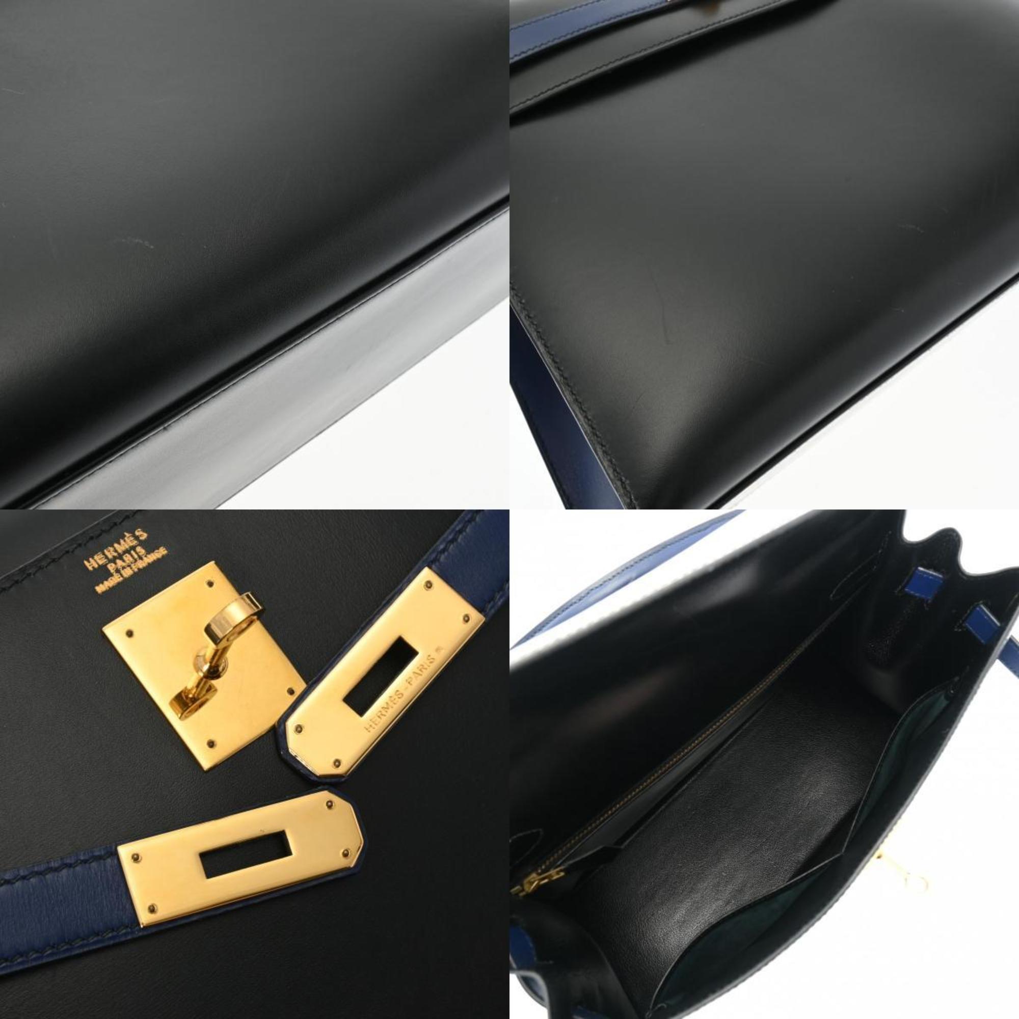 HERMES Kelly 32 Outer Stitching Black/Blue Roy 〇U Stamp (around 1991) Women's Box Calf Handbag