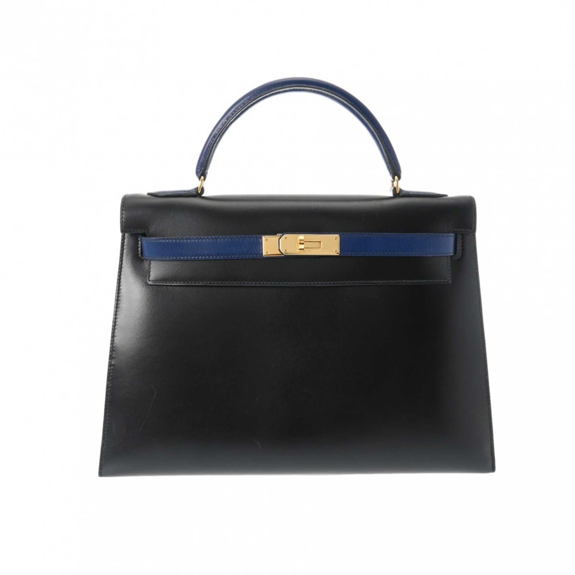 HERMES Kelly 32 Outer Stitching Black/Blue Roy 〇U Stamp (around 1991) Women's Box Calf Handbag