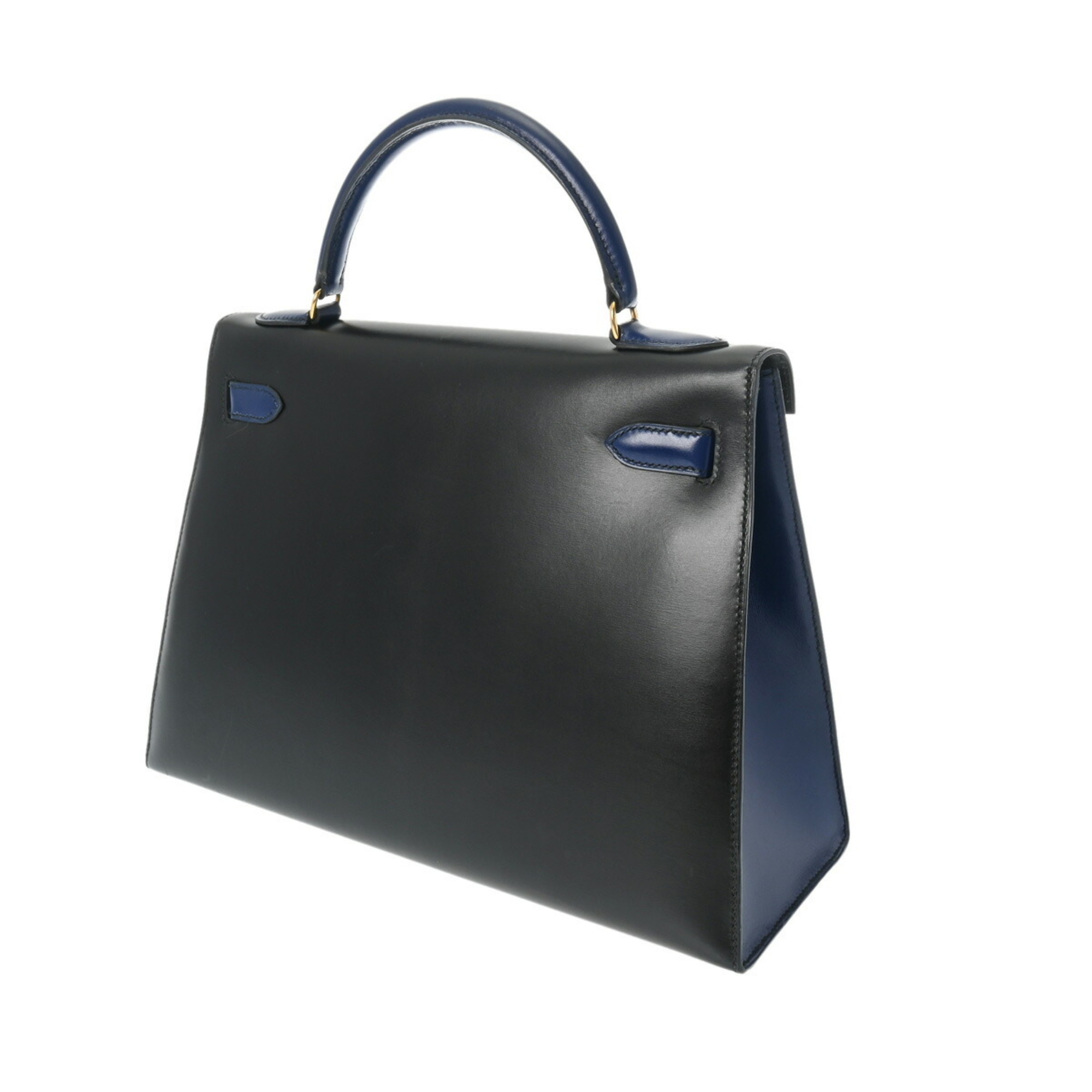 HERMES Kelly 32 Outer Stitching Black/Blue Roy 〇U Stamp (around 1991) Women's Box Calf Handbag