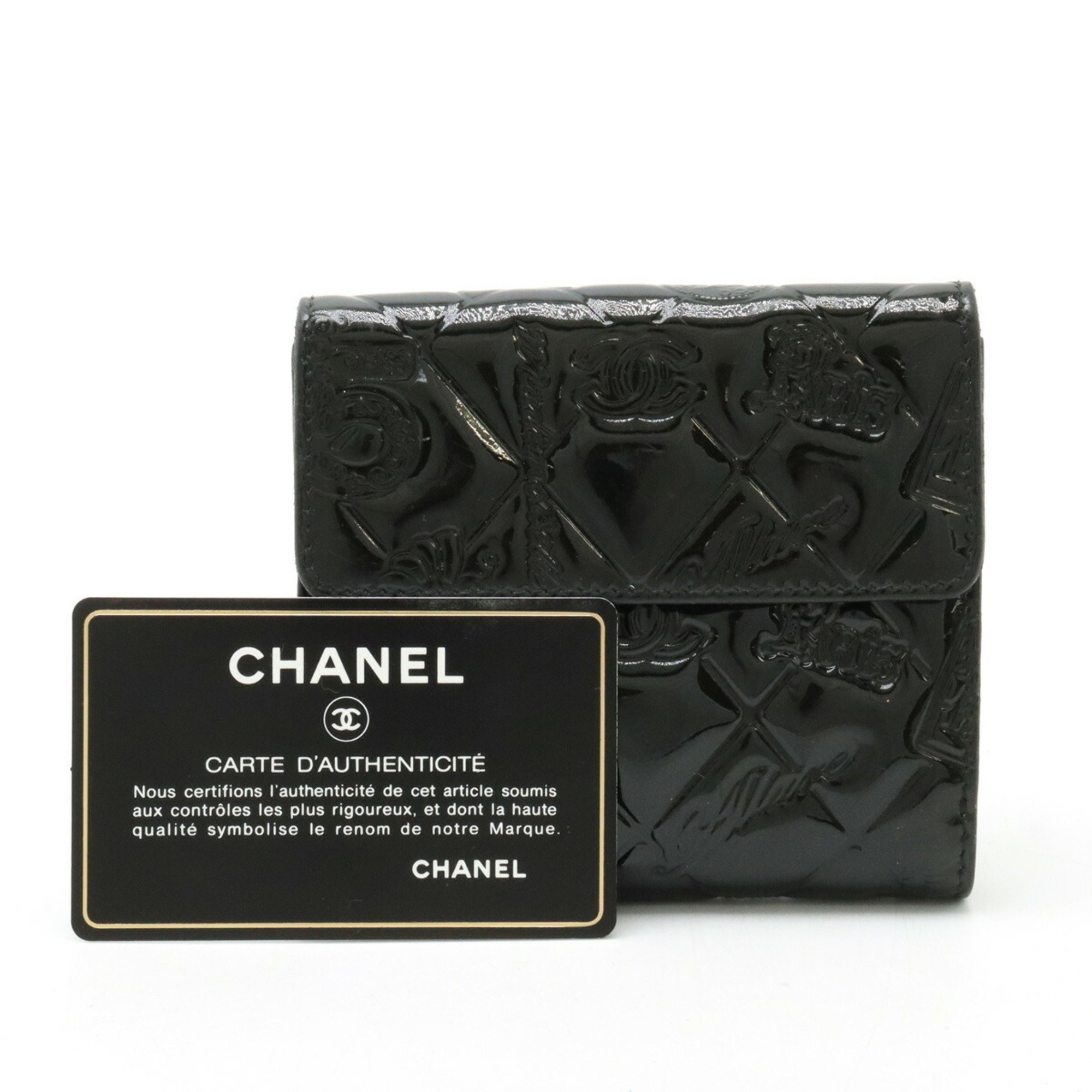 CHANEL Icon Symbol Charm Bi-fold W Wallet Double Patent Leather Enamel Black 8053