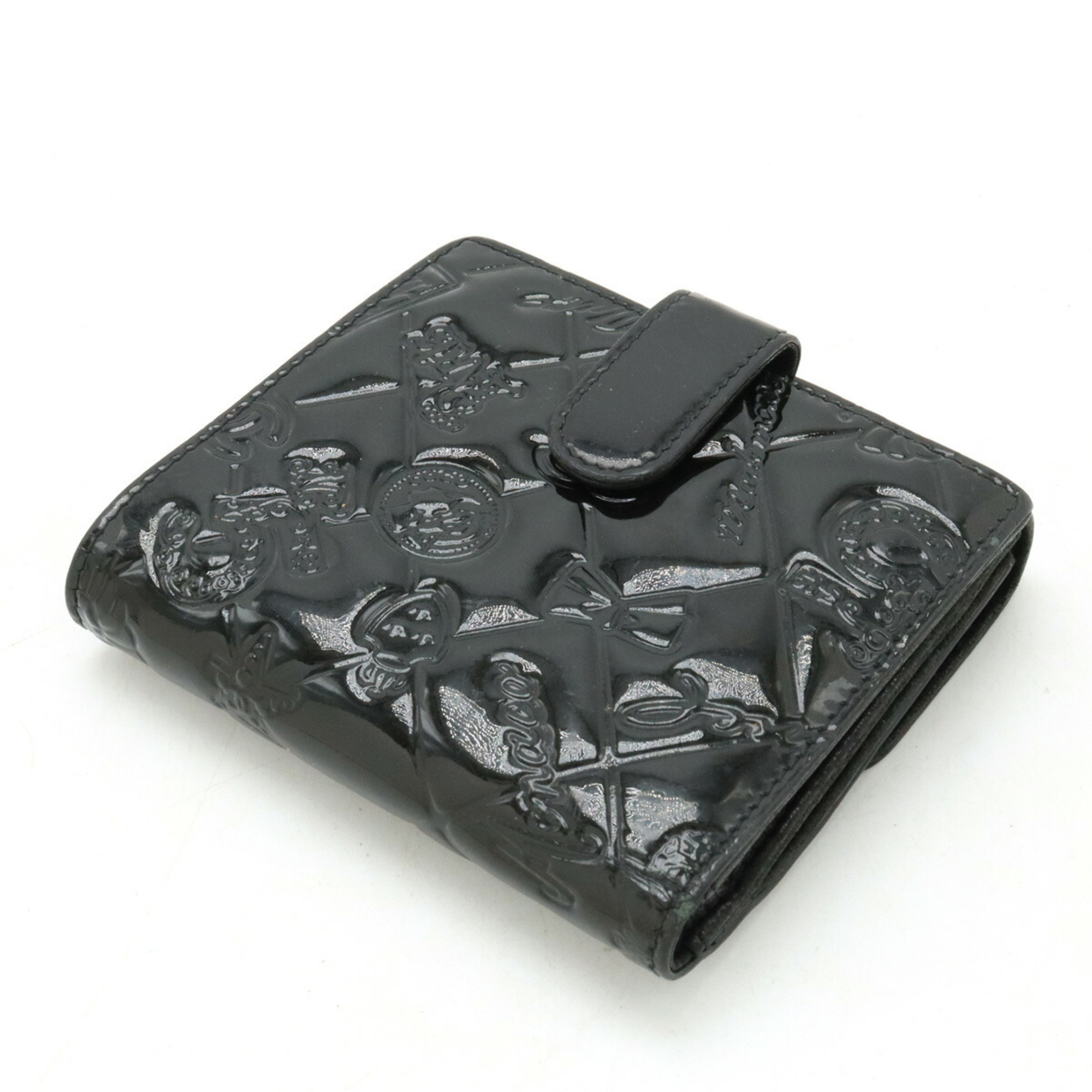 CHANEL Icon Symbol Charm Bi-fold W Wallet Double Patent Leather Enamel Black 8053