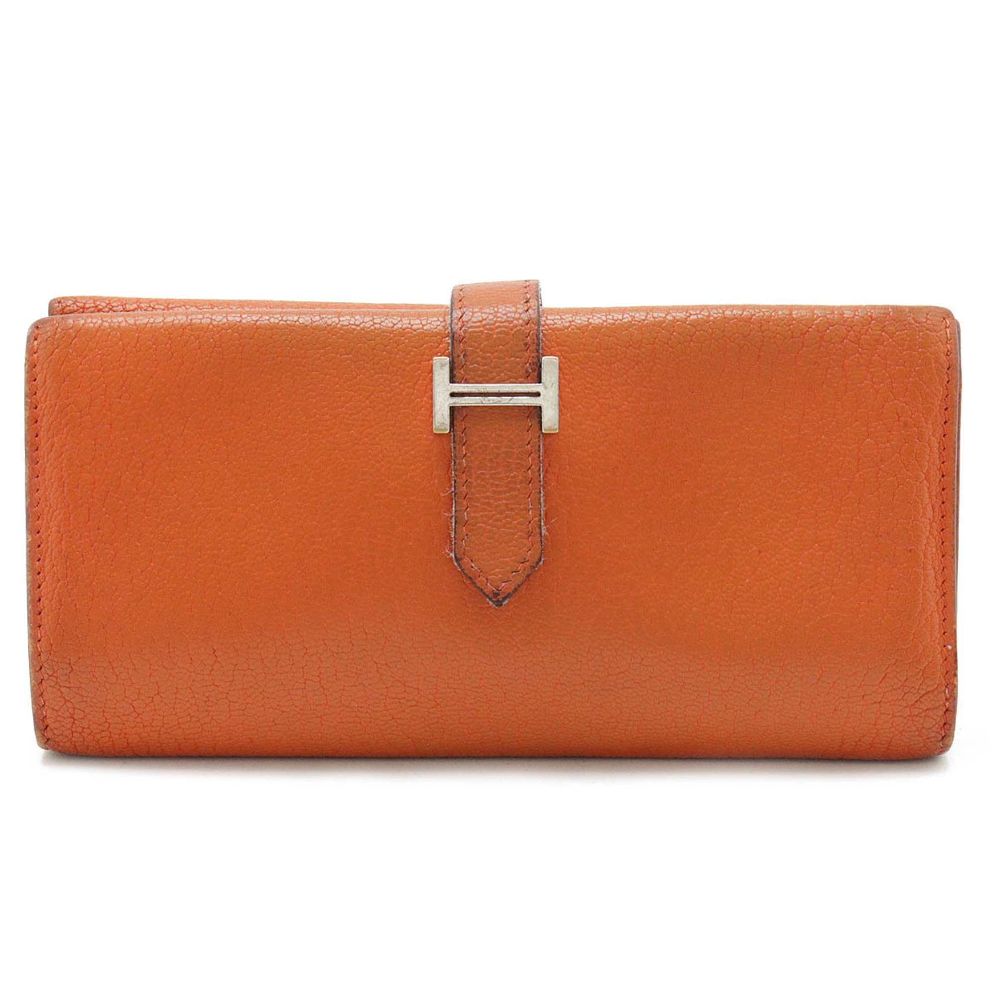 HERMES Bearn 2PLIS Dupri Tri-fold Long Wallet Chevre Leather Orange H Stamp