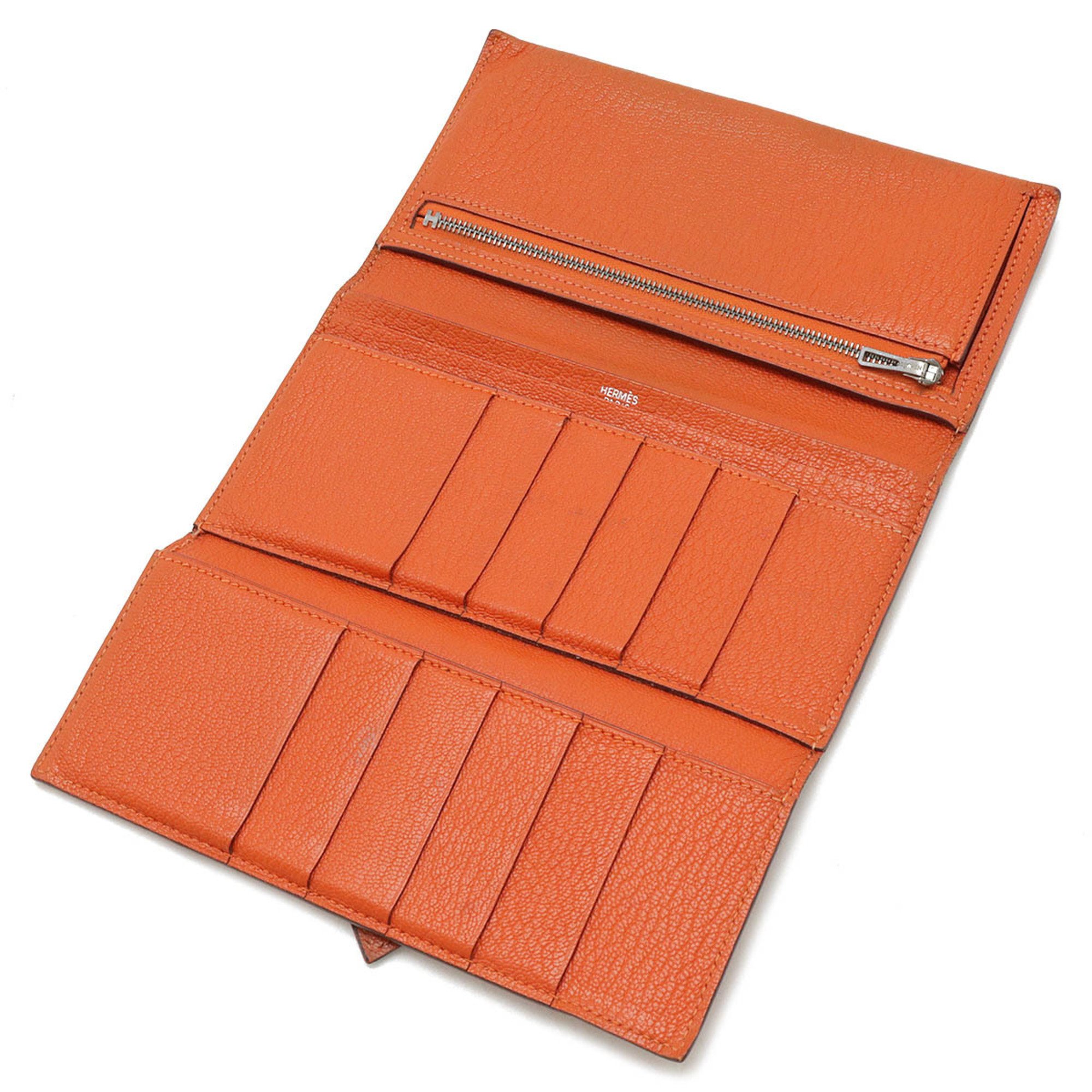 HERMES Bearn 2PLIS Dupri Tri-fold Long Wallet Chevre Leather Orange H Stamp