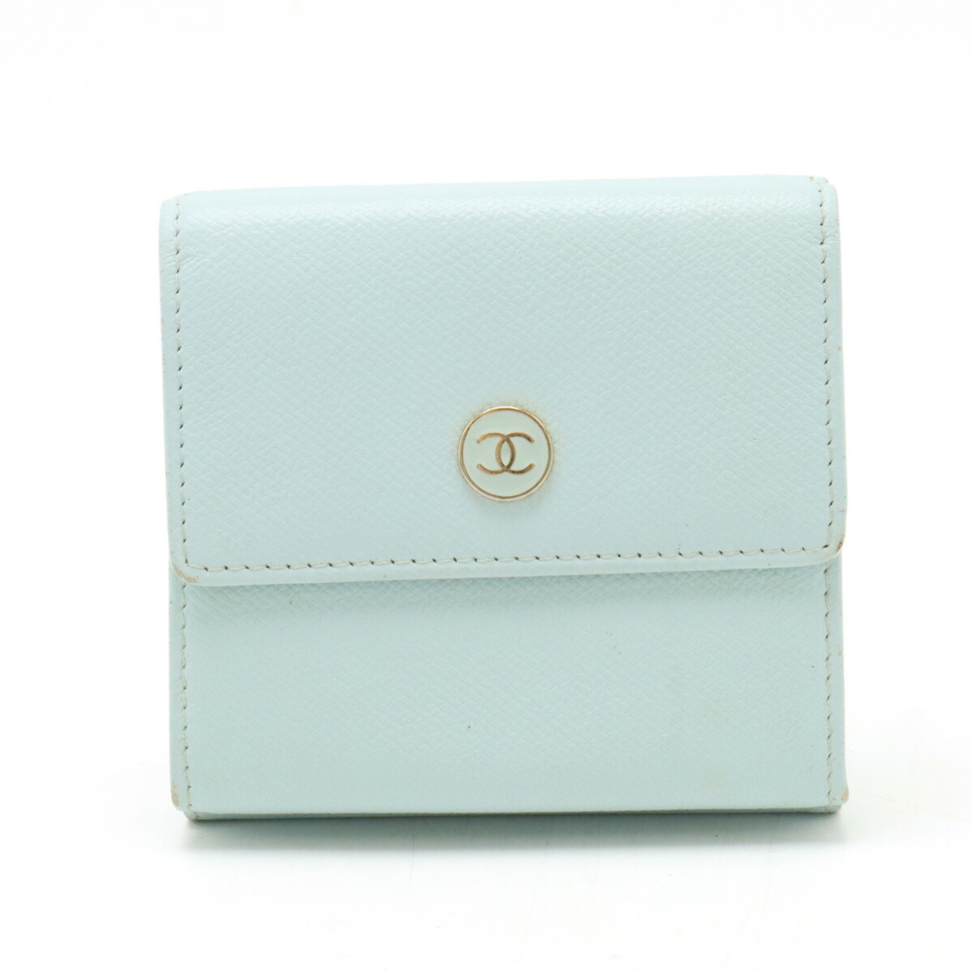 CHANEL Coco Button Tri-fold W Wallet Double Leather Light Mint Blue A20902