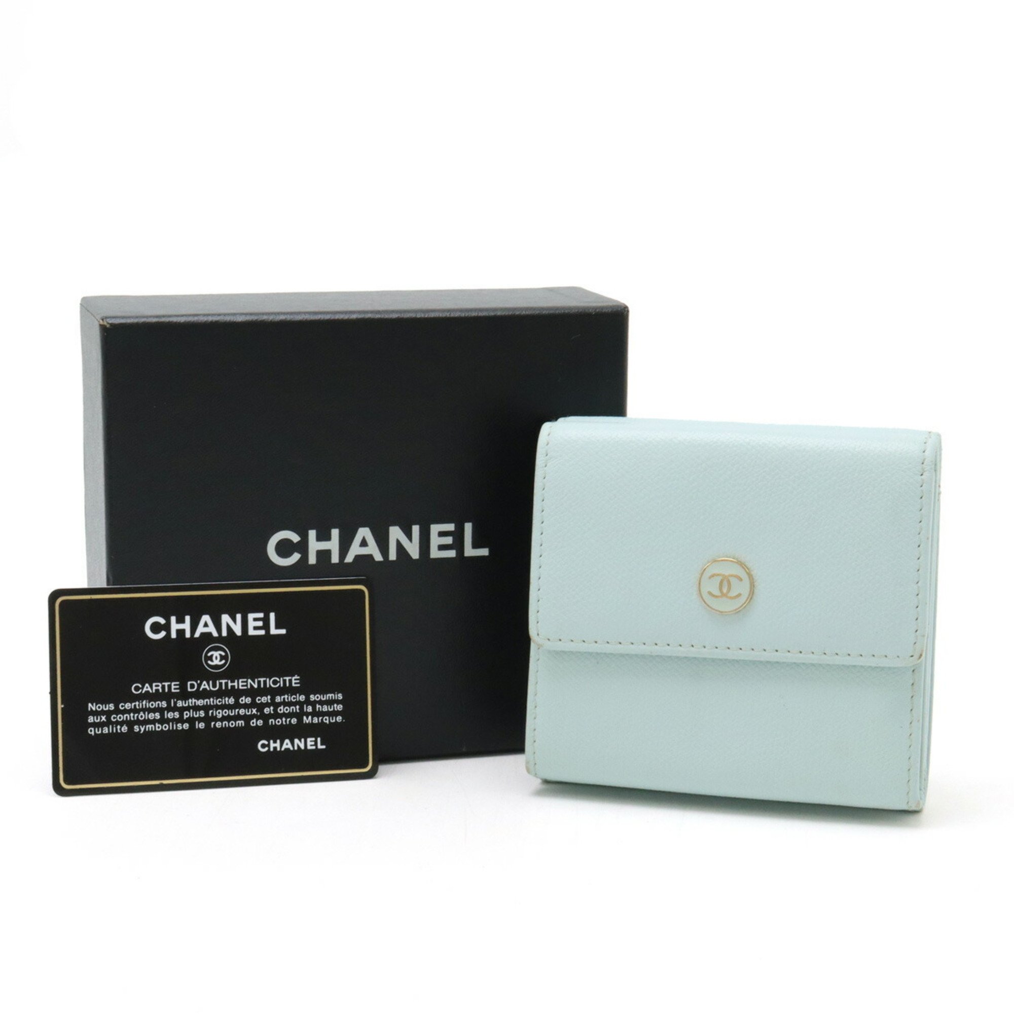 CHANEL Coco Button Tri-fold W Wallet Double Leather Light Mint Blue A20902