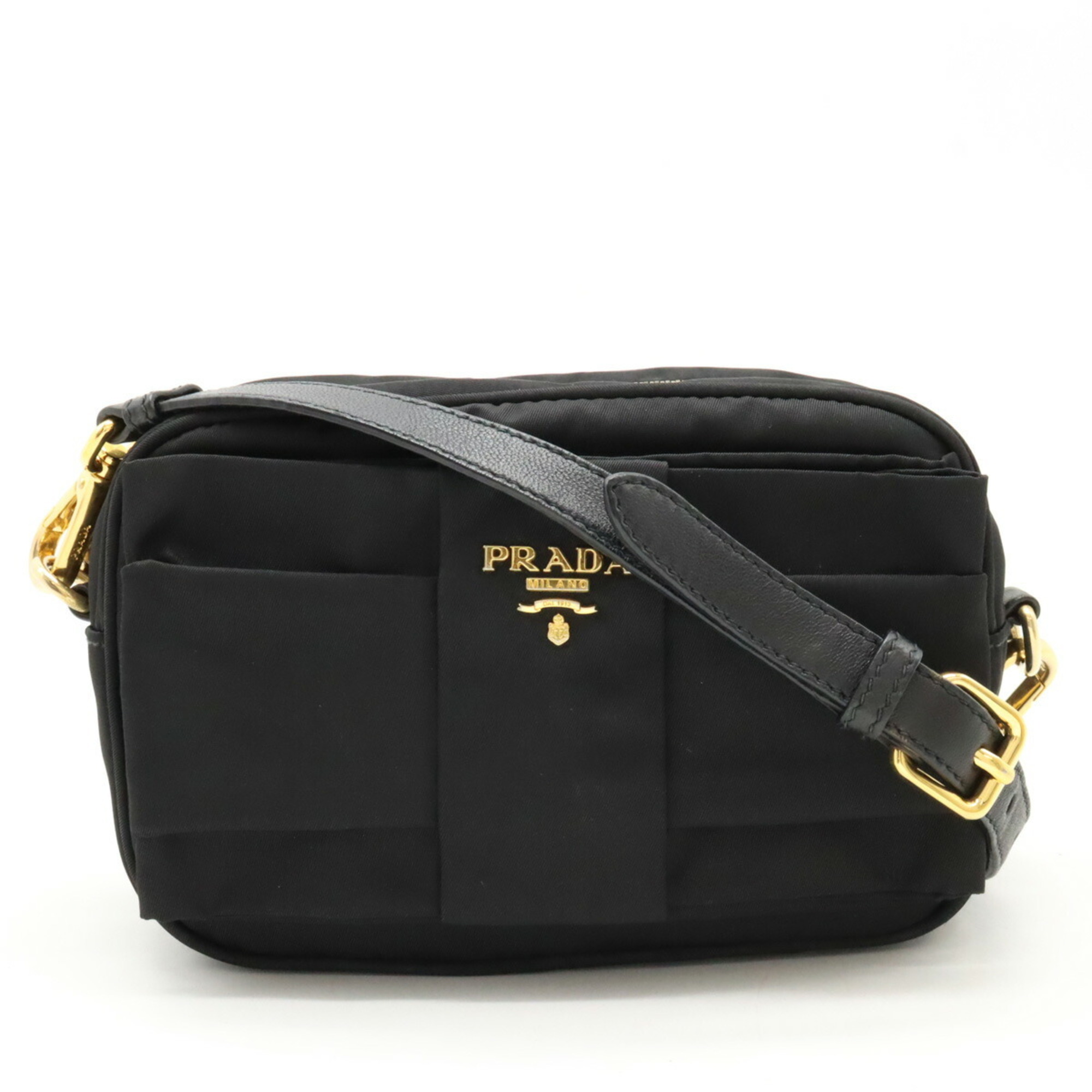 PRADA Prada Ribbon Motif Shoulder Bag Pouch Pochette Clutch Nylon Leather NERO Black BP0166