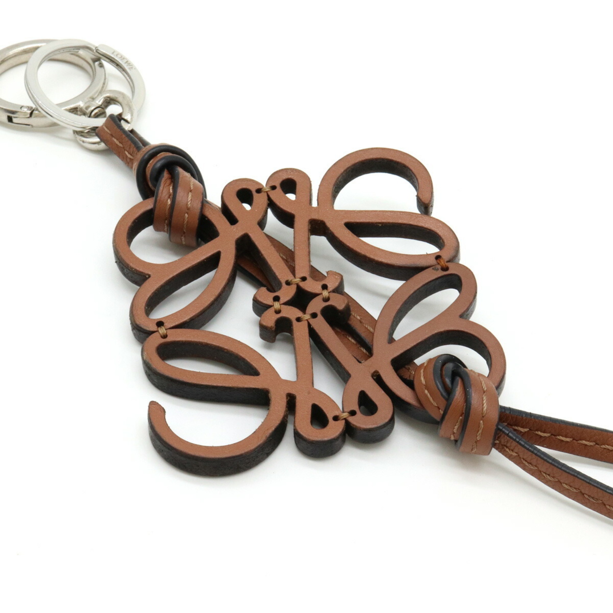 LOEWE Anagram Key Ring Holder Bag Charm Leather Brown