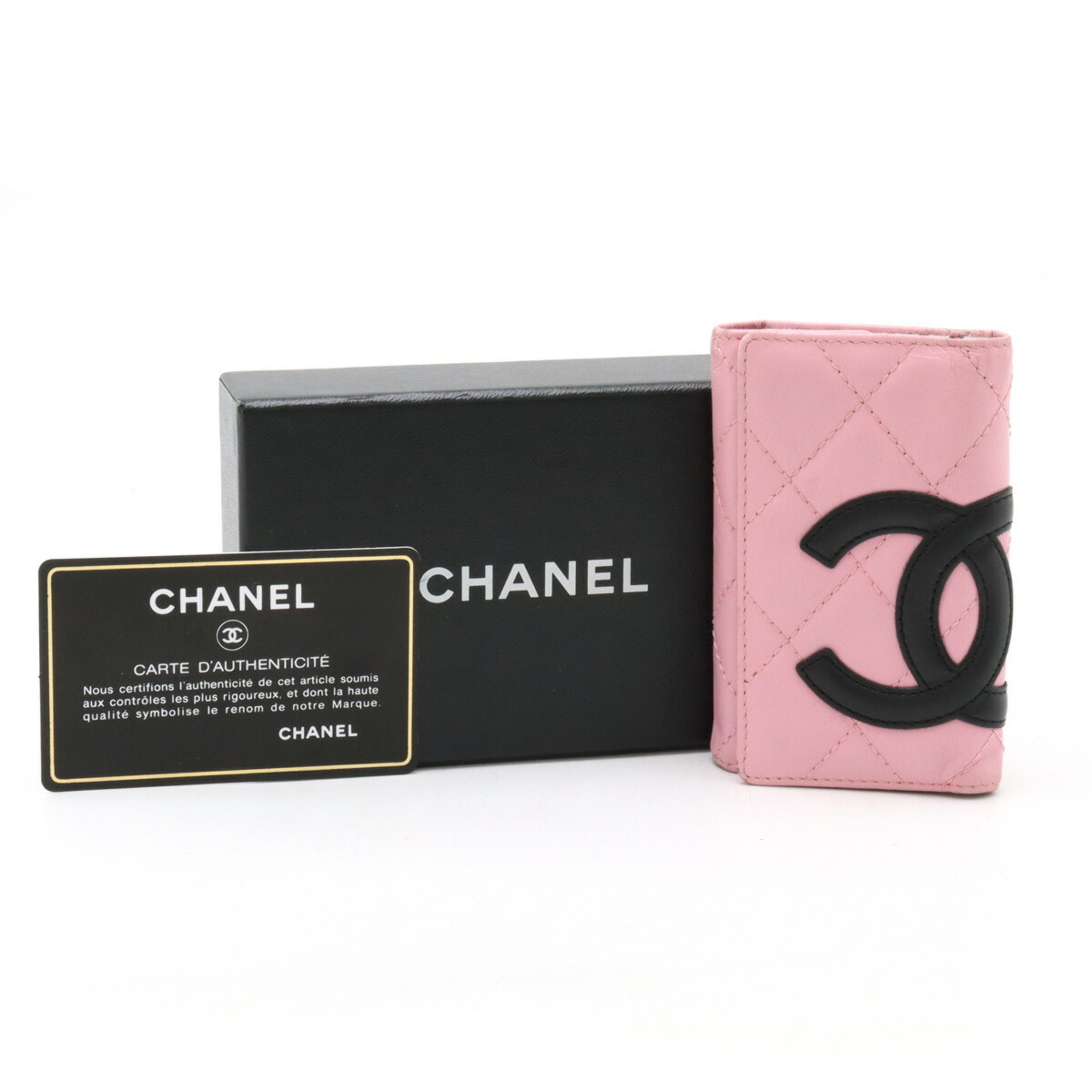 CHANEL Cambon Line Key Case 6 Ring Soft Calf Pink Black A26723