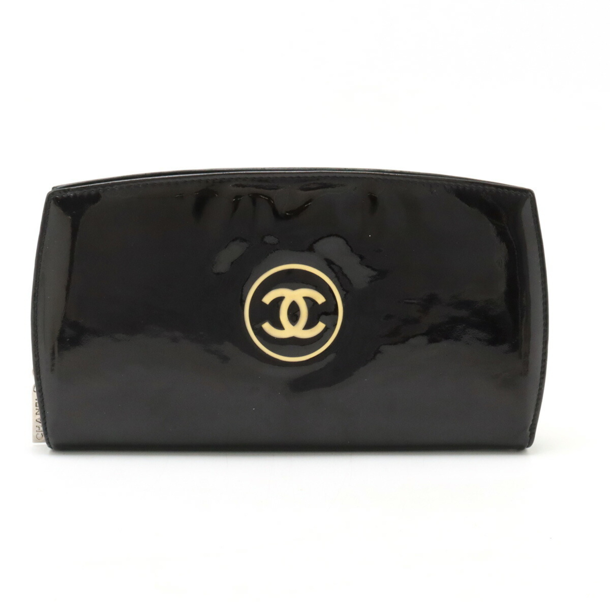 CHANEL Chanel Makeup Coco Mark Round Long Wallet Enamel Patent Leather Black 7662