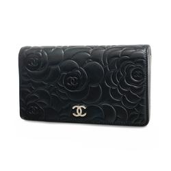 Chanel Long Wallet Camellia Lambskin Black Women's