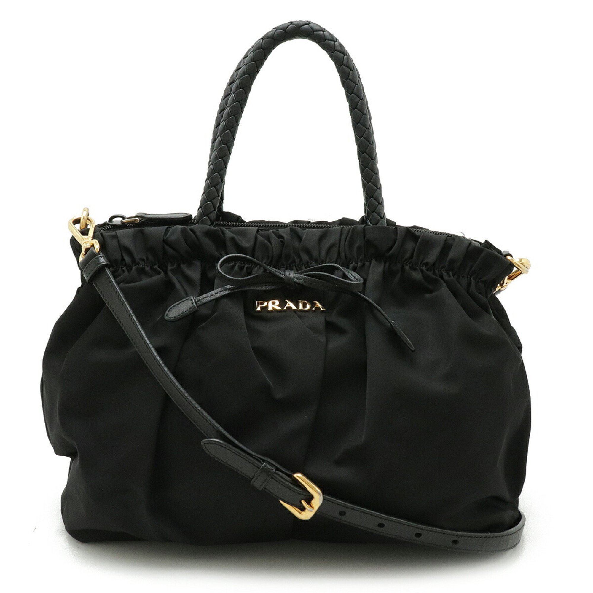 PRADA TESSUTO BOW Gathered Handbag Tote Shoulder Bag Nylon NERO Black Purchased at an overseas duty-free store BN1778