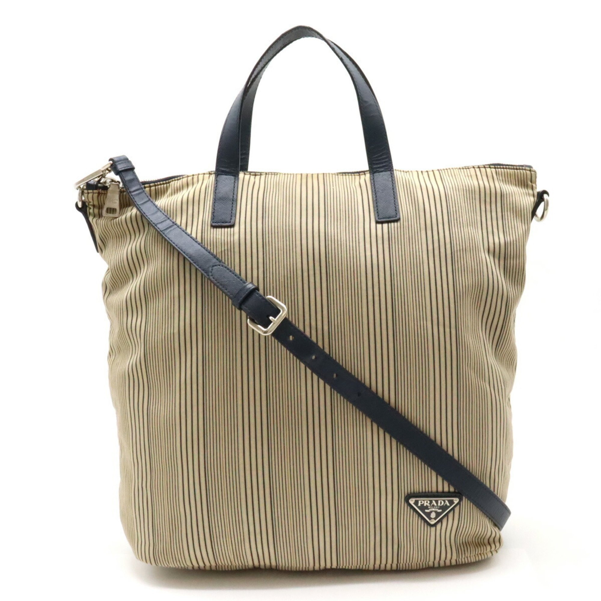 PRADA Prada Tote Bag Handbag Shoulder Stripe Canvas Leather Beige Purchased at a Domestic Outlet B2052G