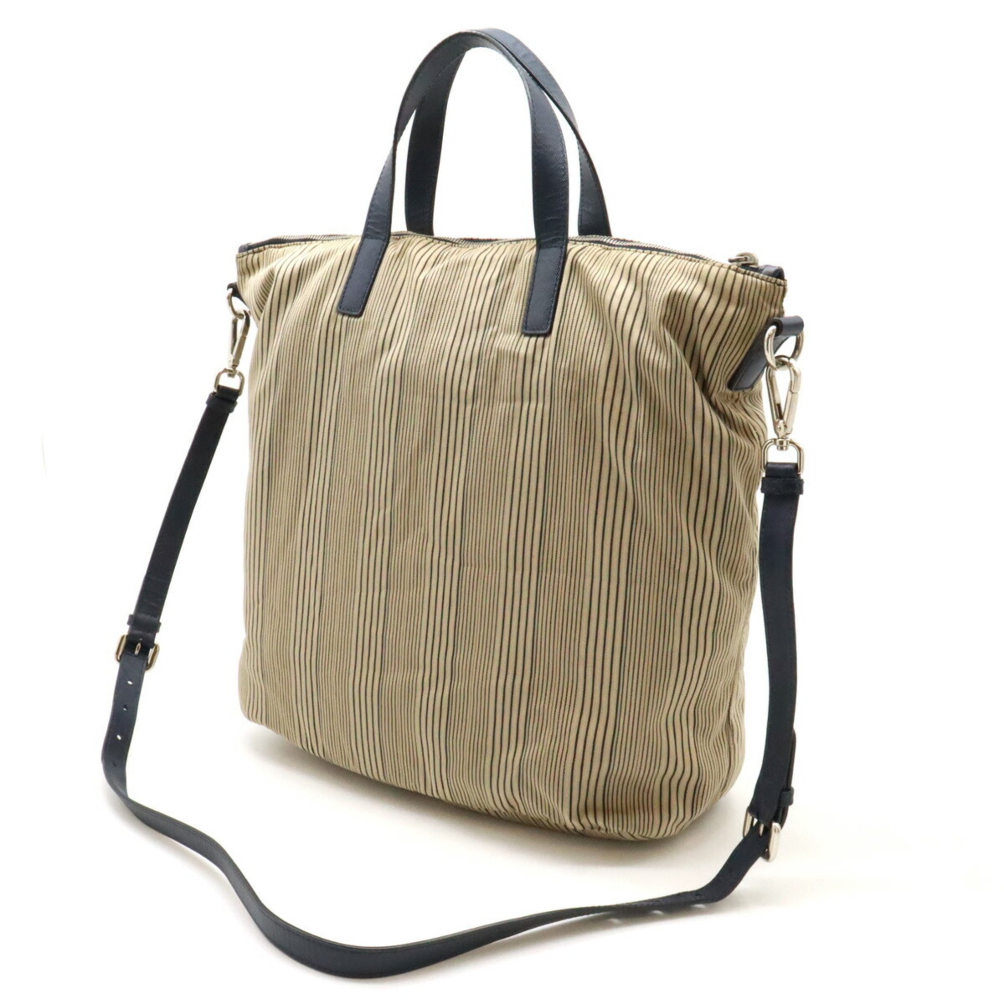 PRADA Prada Tote Bag Handbag Shoulder Stripe Canvas Leather Beige Purchased at a Domestic Outlet B2052G