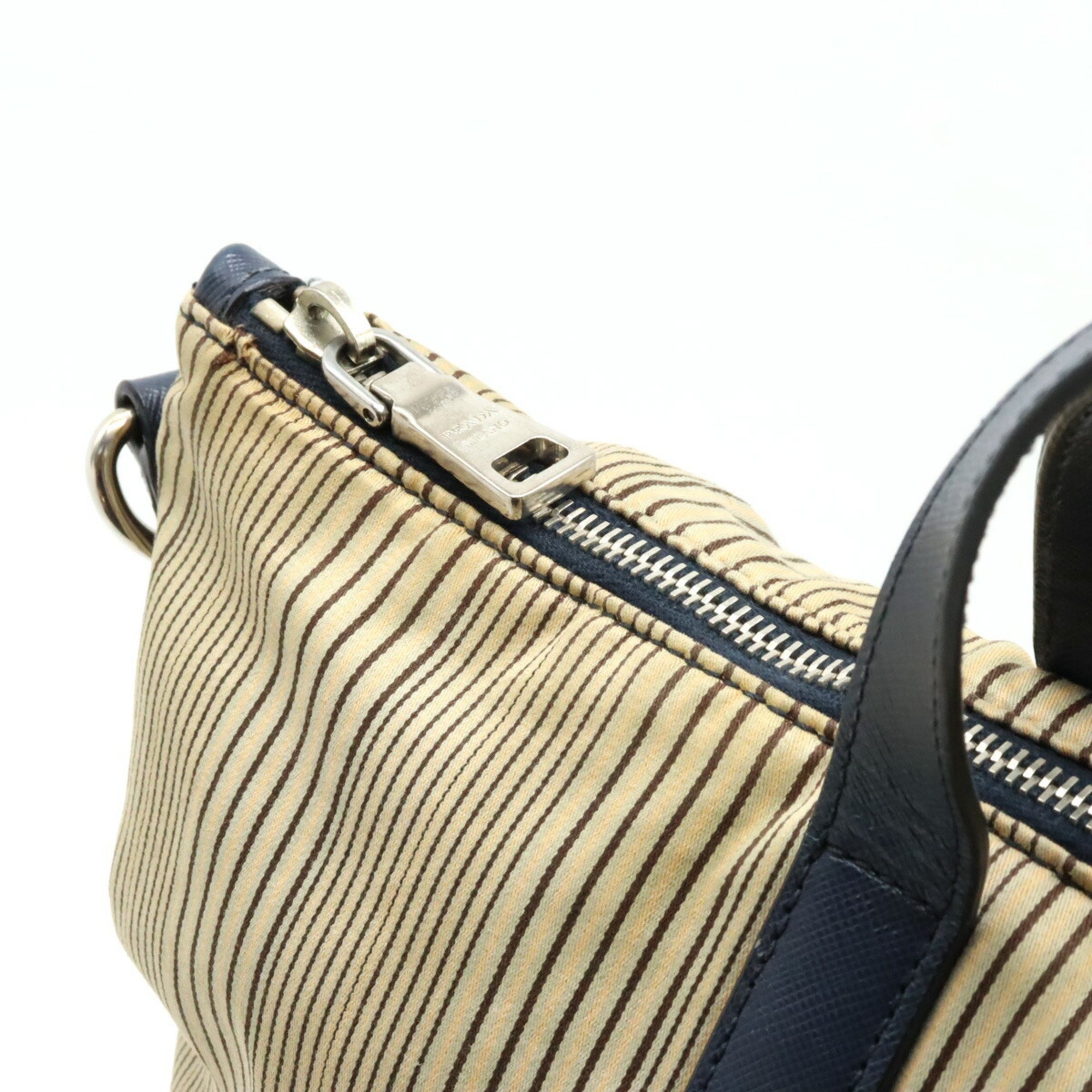 PRADA Prada Tote Bag Handbag Shoulder Stripe Canvas Leather Beige Purchased at a Domestic Outlet B2052G