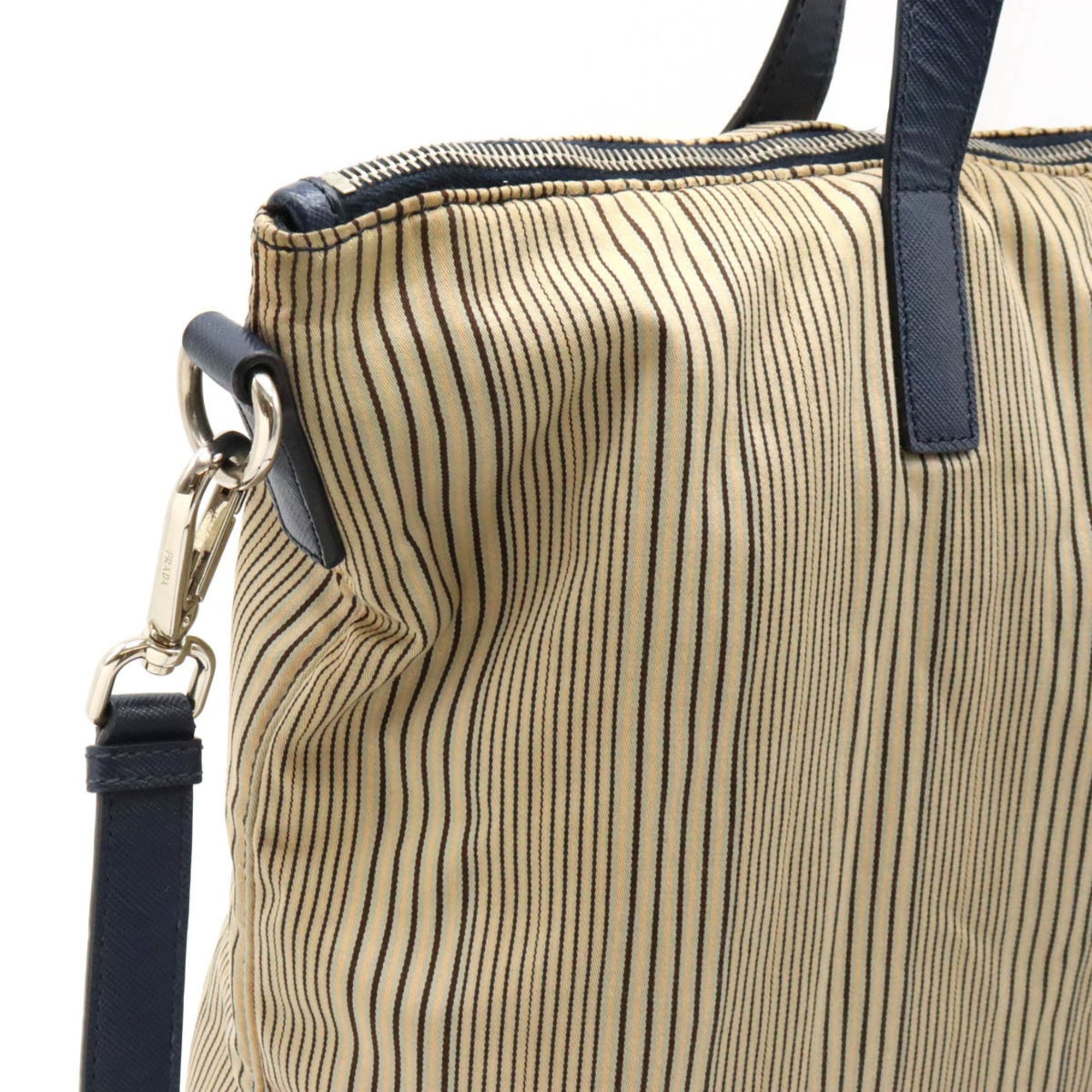 PRADA Prada Tote Bag Handbag Shoulder Stripe Canvas Leather Beige Purchased at a Domestic Outlet B2052G