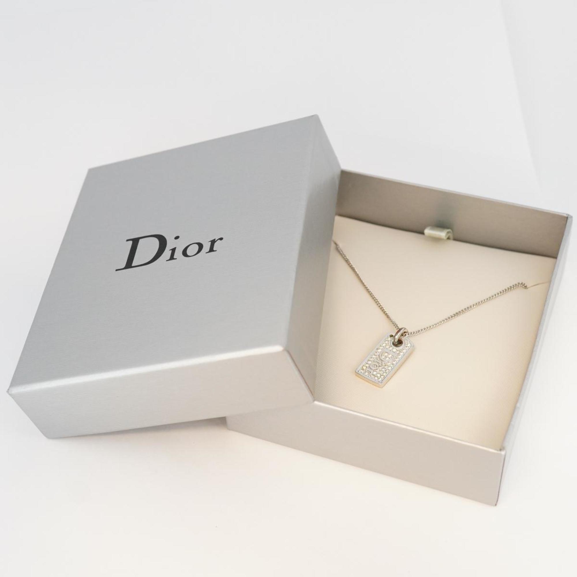 Christian Dior Necklace Plate Rhinestone Metal Silver Women's