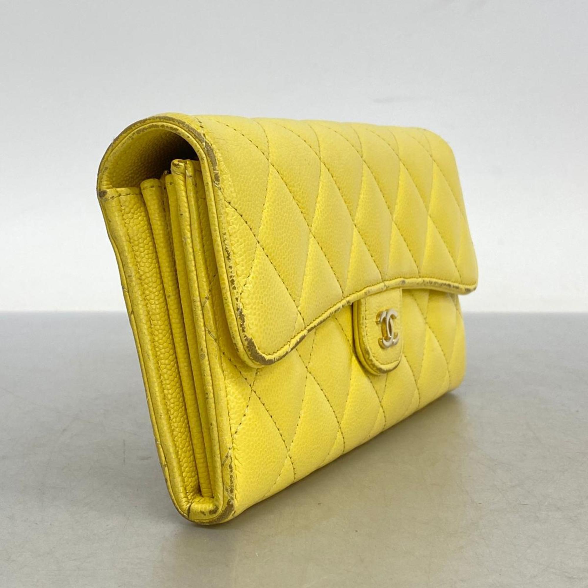 Chanel Long Wallet Matelasse Caviar Skin Yellow Champagne Women's