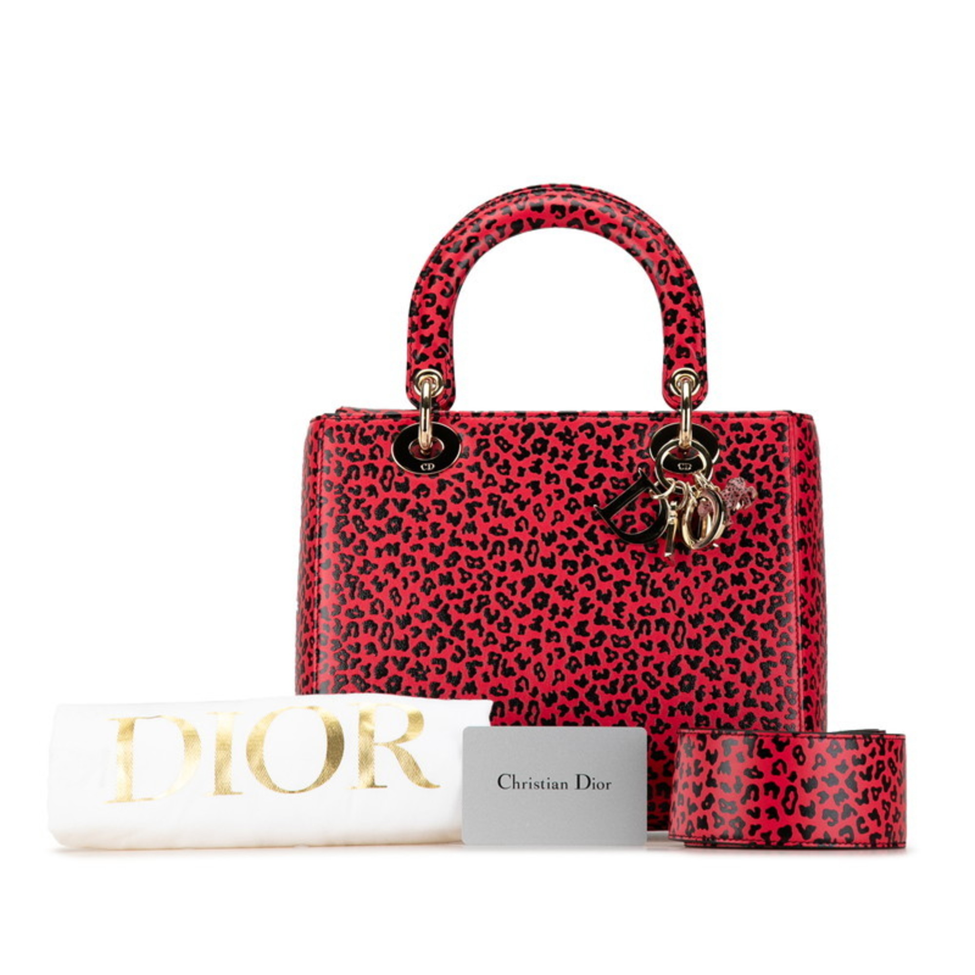 Christian Dior Dior Lady Leopard Handbag Shoulder Bag Red Black Leather Women's