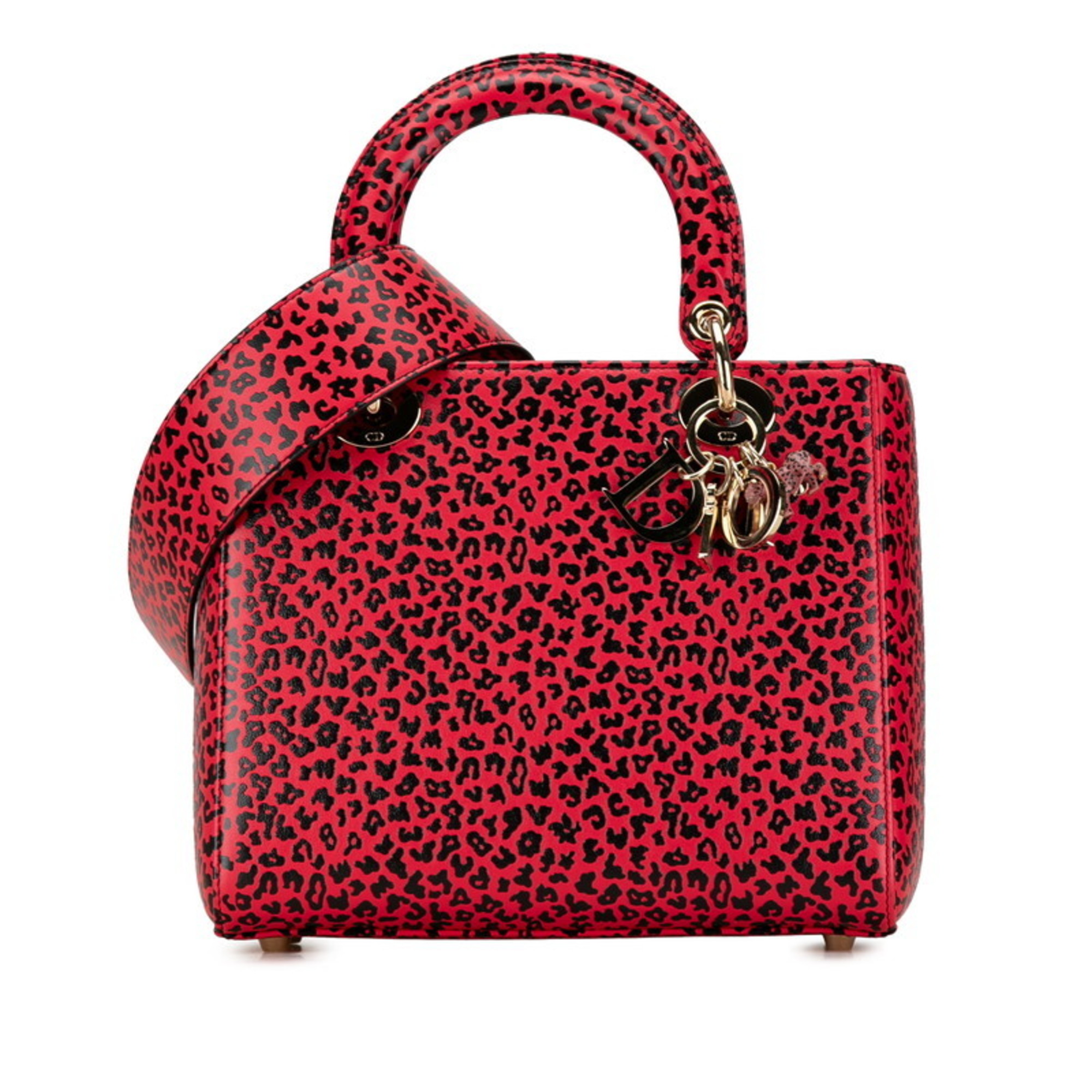 Christian Dior Dior Lady Leopard Handbag Shoulder Bag Red Black Leather Women's