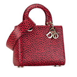 Christian Dior Dior Lady Leopard Handbag Shoulder Bag Red Black Leather Women's