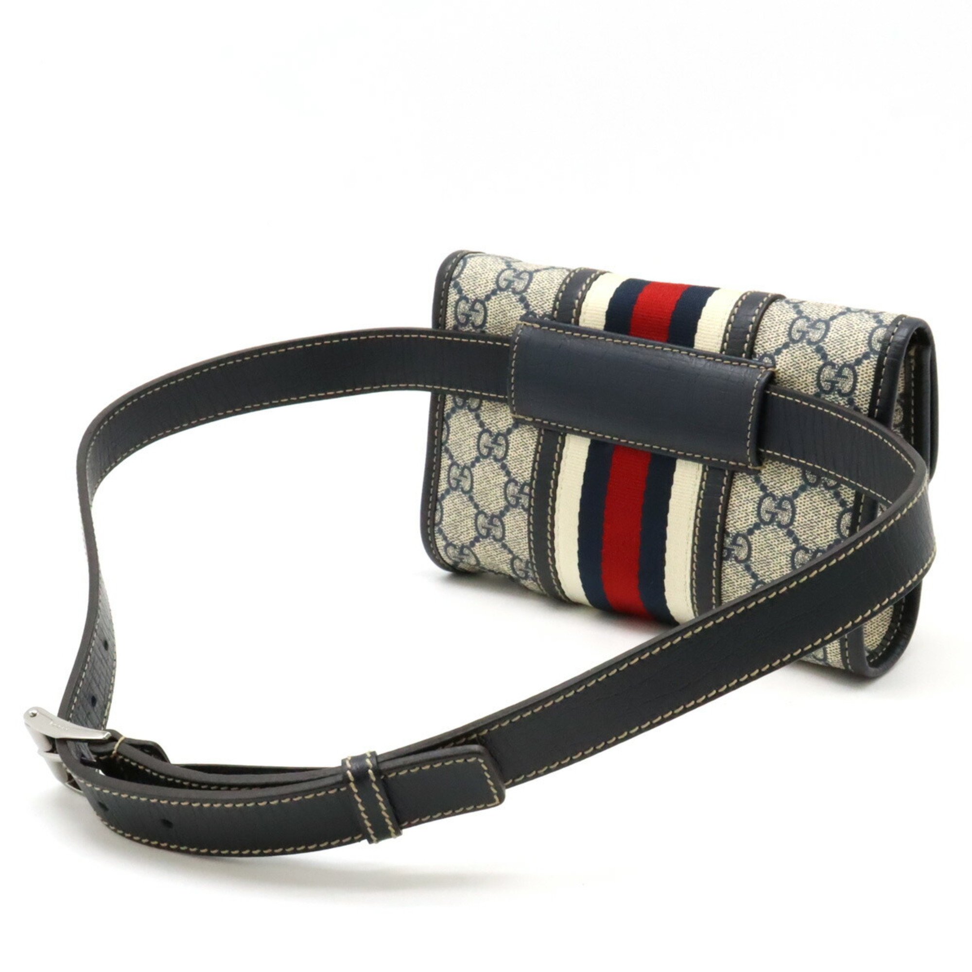 GUCCI GG Supreme Sherry Line Waist Bag Pouch Belt PVC Leather Navy Beige Red 152597