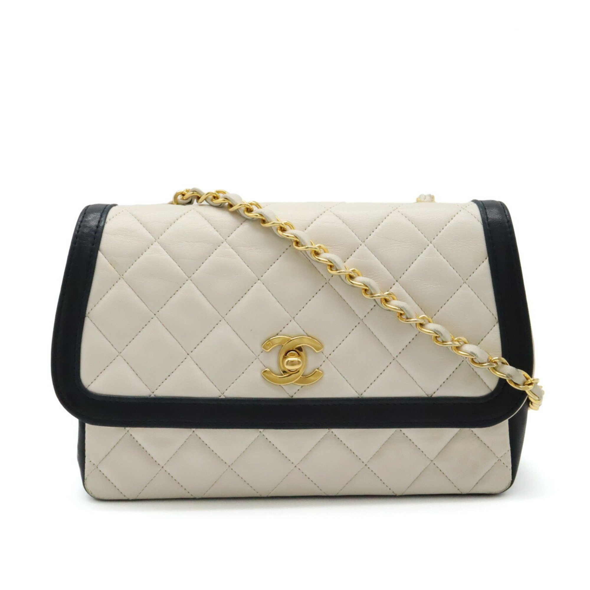 CHANEL Chanel Matelasse Coco Mark Chain Shoulder Bag Leather Bicolor White Navy