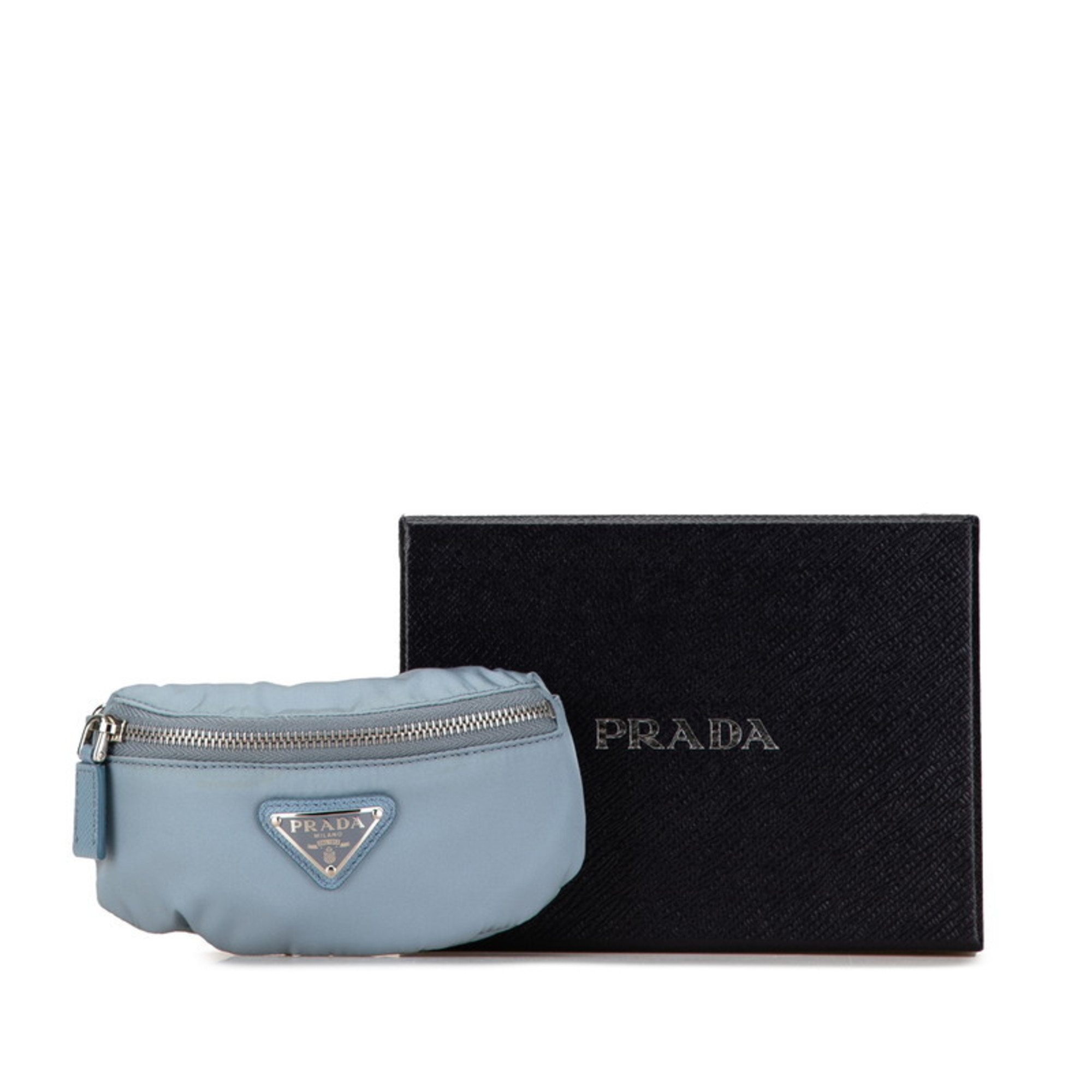 Prada Triangle Plate Wrist Pouch 1TT095 Blue Nylon Women's PRADA