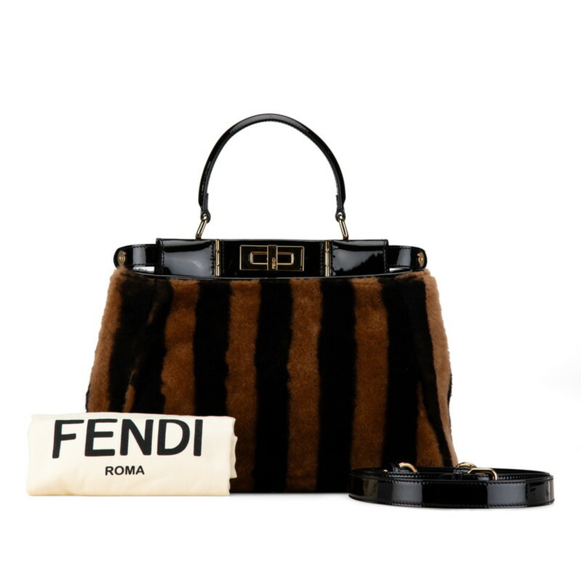 FENDI Peekaboo Regular Pecan Handbag Shoulder Bag 8BN290 Black Brown Mouton Enamel Women's