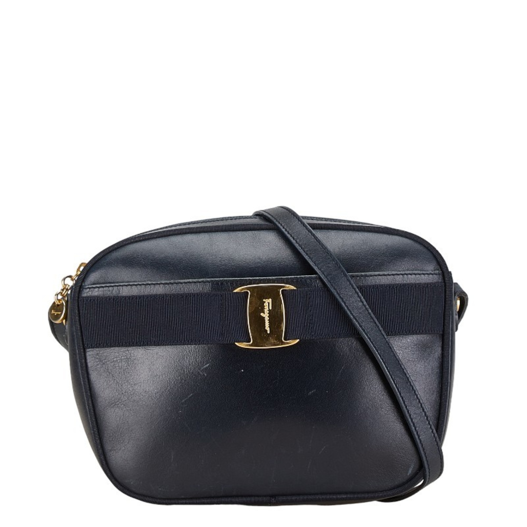 Salvatore Ferragamo Vara Ribbon Shoulder Bag Navy Leather Women's