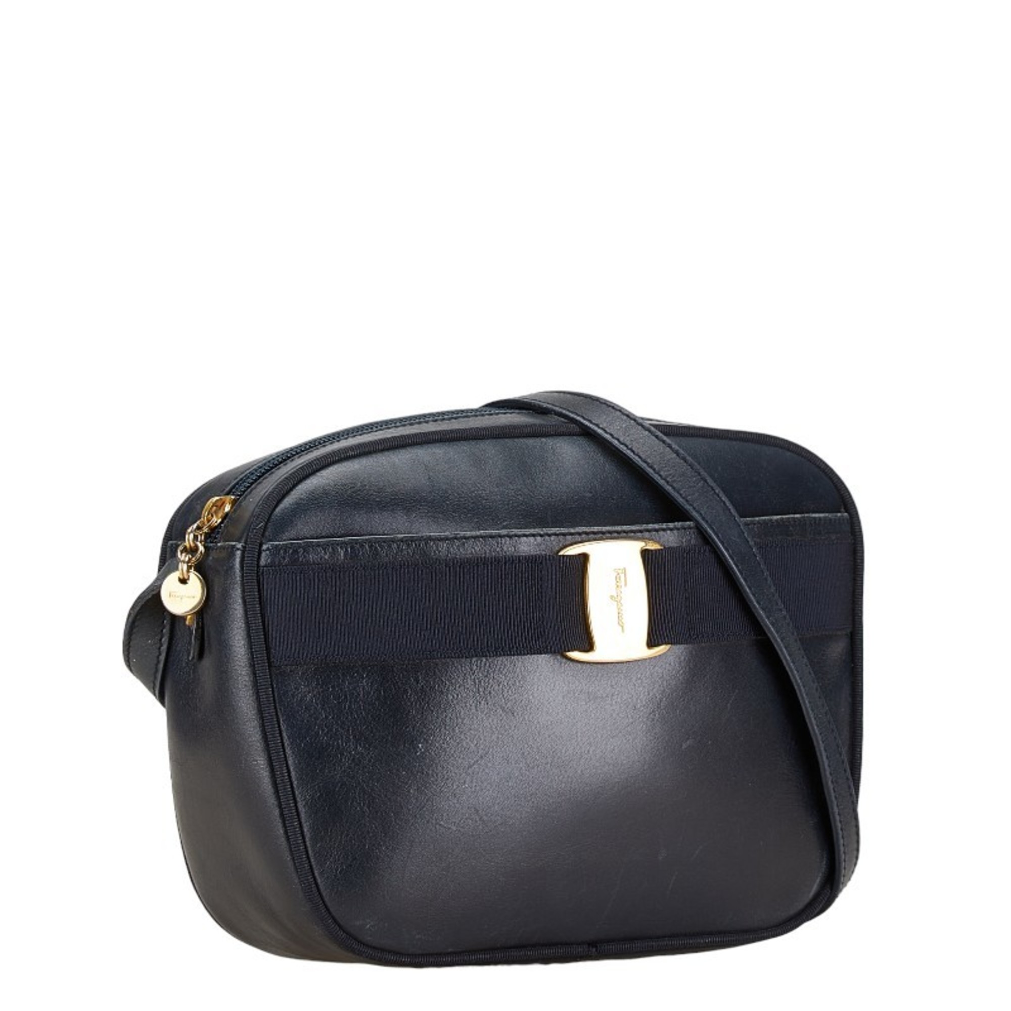 Salvatore Ferragamo Vara Ribbon Shoulder Bag Navy Leather Women's