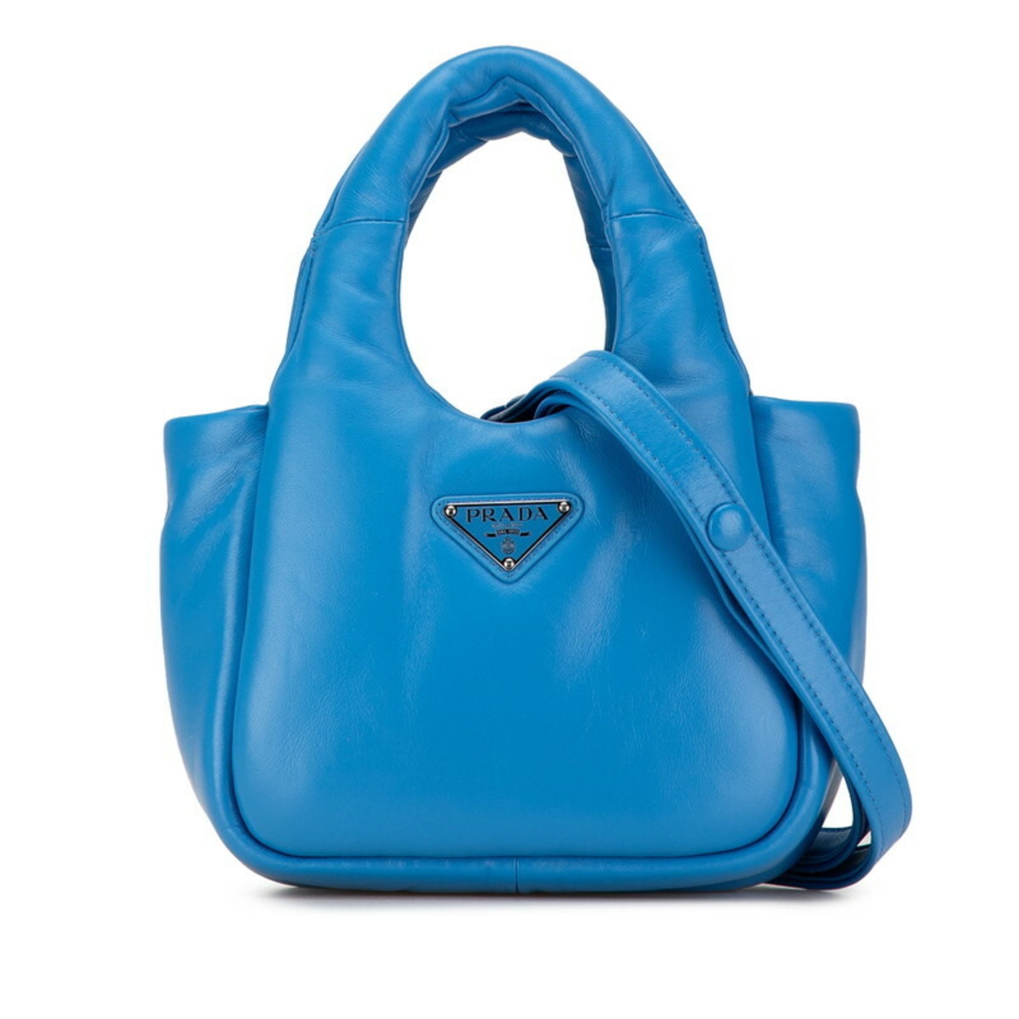 Prada Triangle Plate Soft Padded Handbag Shoulder Bag Light Blue Nappa Leather Women's PRADA