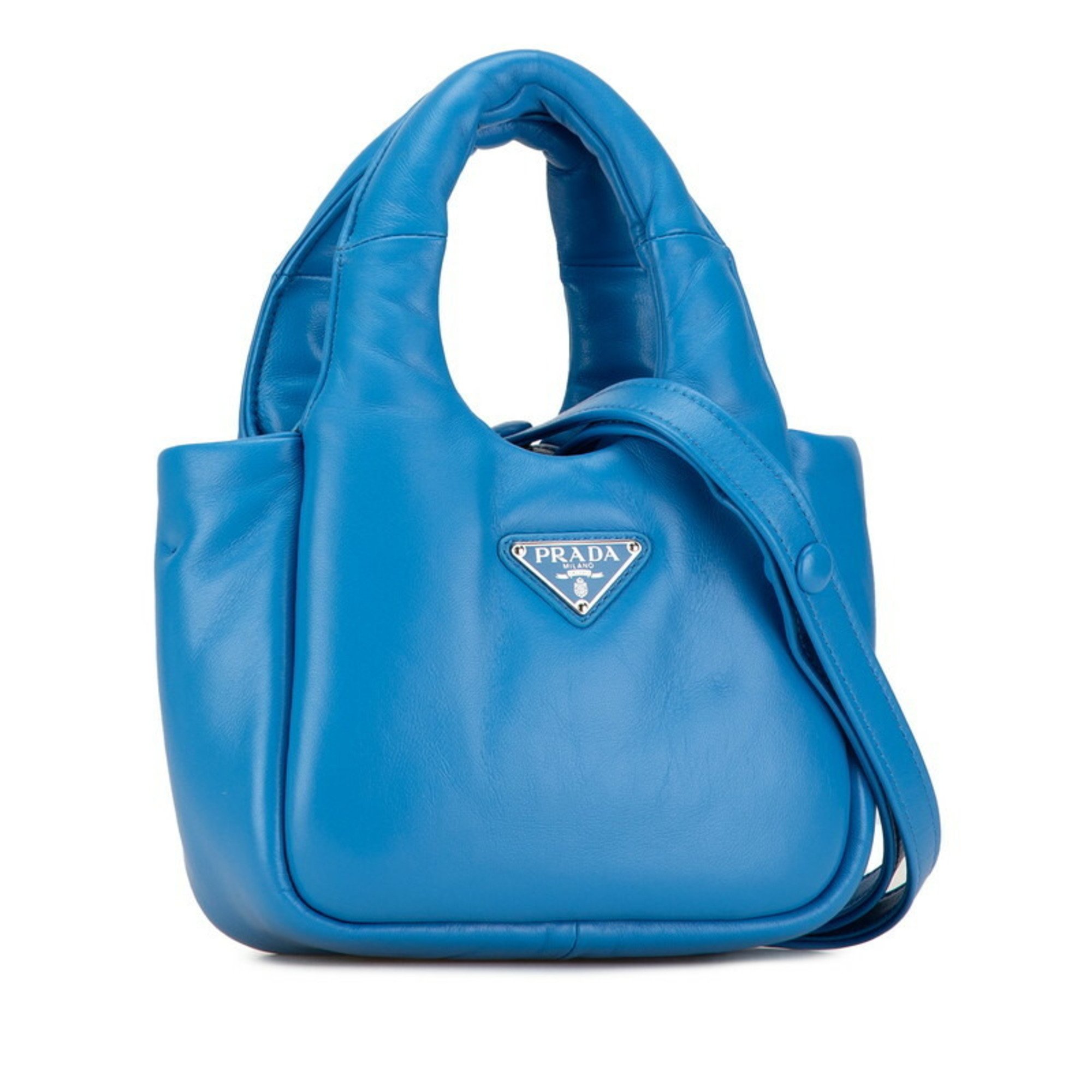 Prada Triangle Plate Soft Padded Handbag Shoulder Bag Light Blue Nappa Leather Women's PRADA