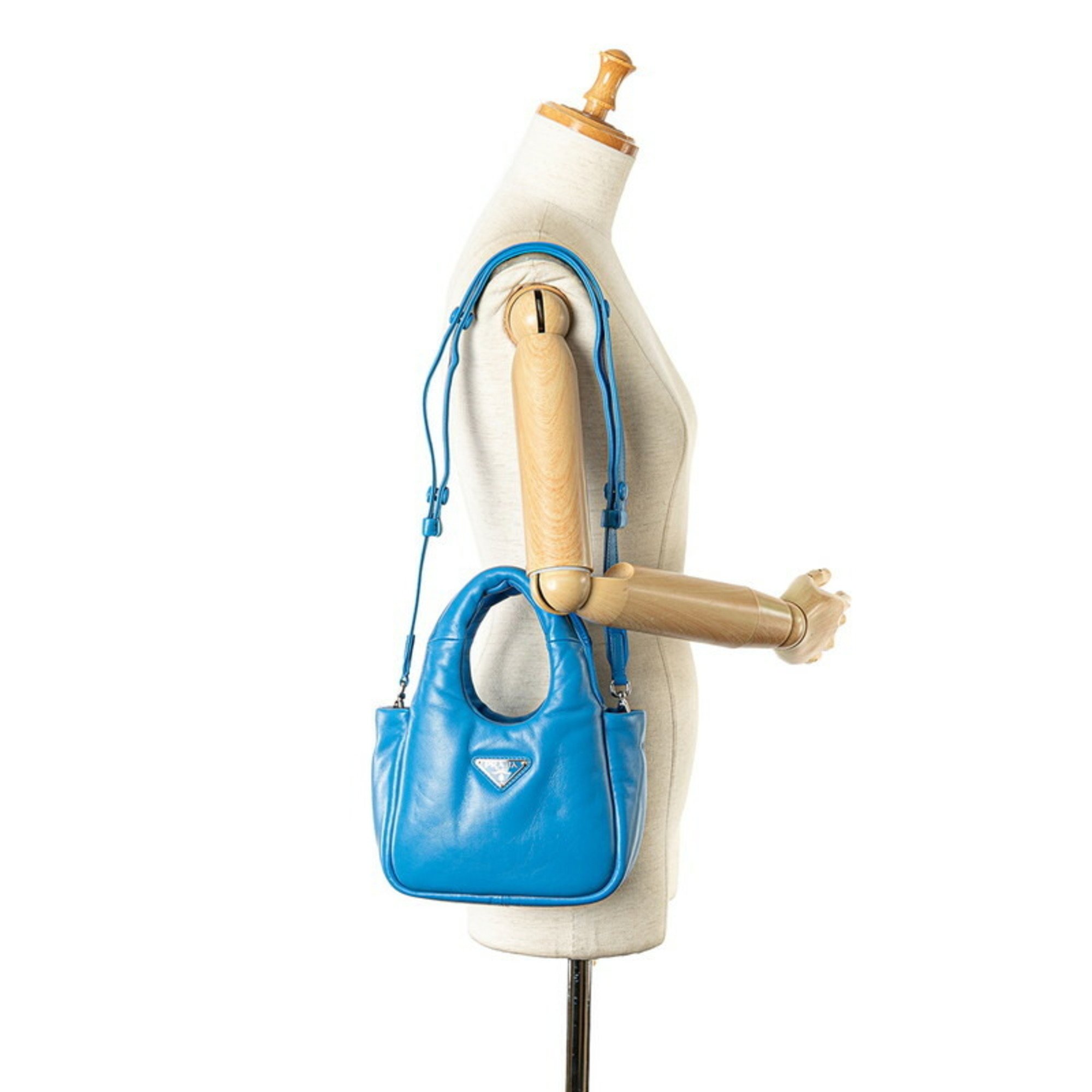 Prada Triangle Plate Soft Padded Handbag Shoulder Bag Light Blue Nappa Leather Women's PRADA