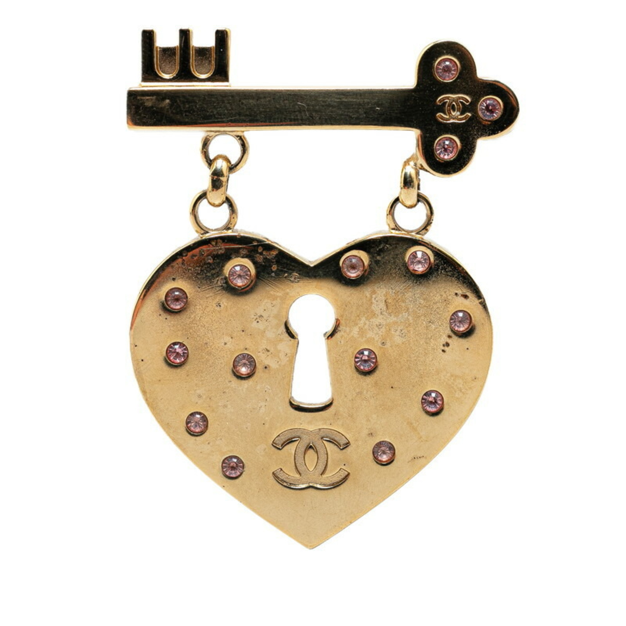 Chanel Rhinestone Coco Mark Heart Padlock Motif Brooch Gold Plated Women's CHANEL