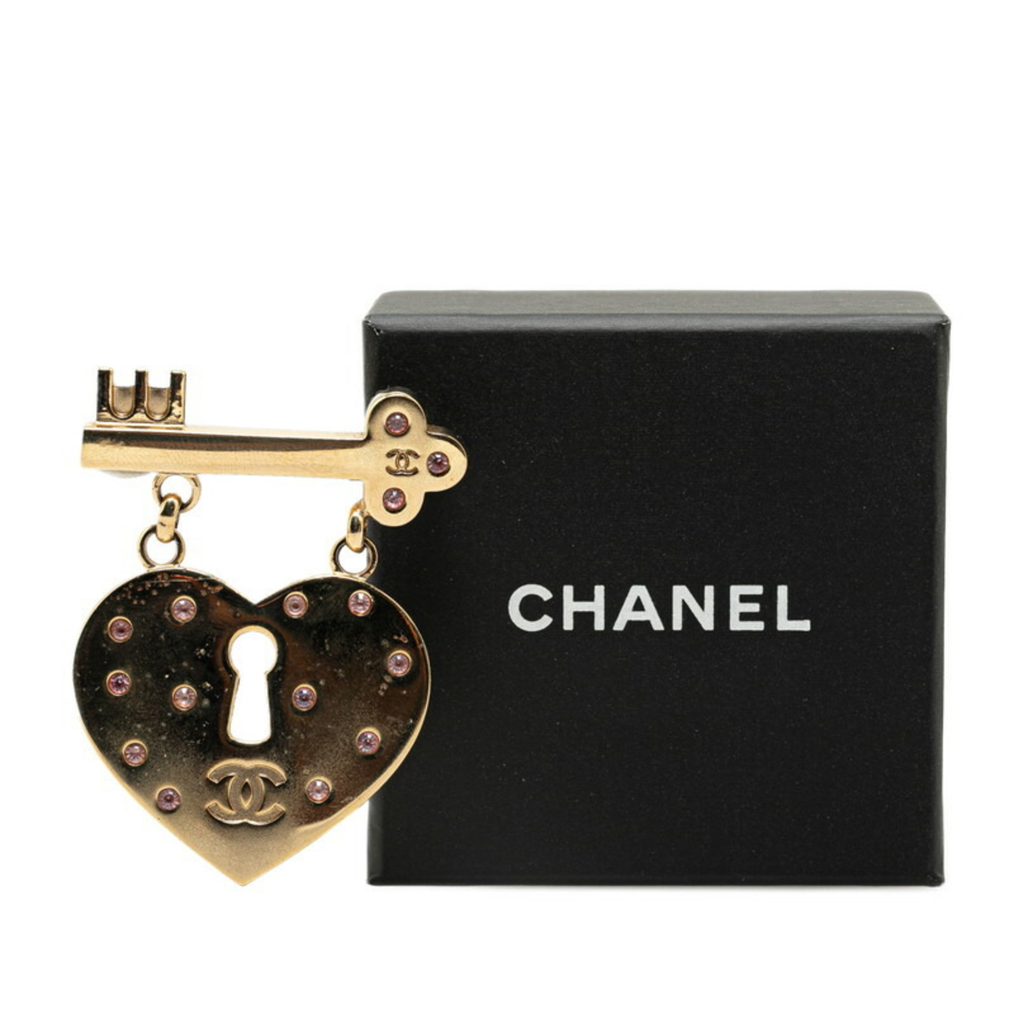 Chanel Rhinestone Coco Mark Heart Padlock Motif Brooch Gold Plated Women's CHANEL