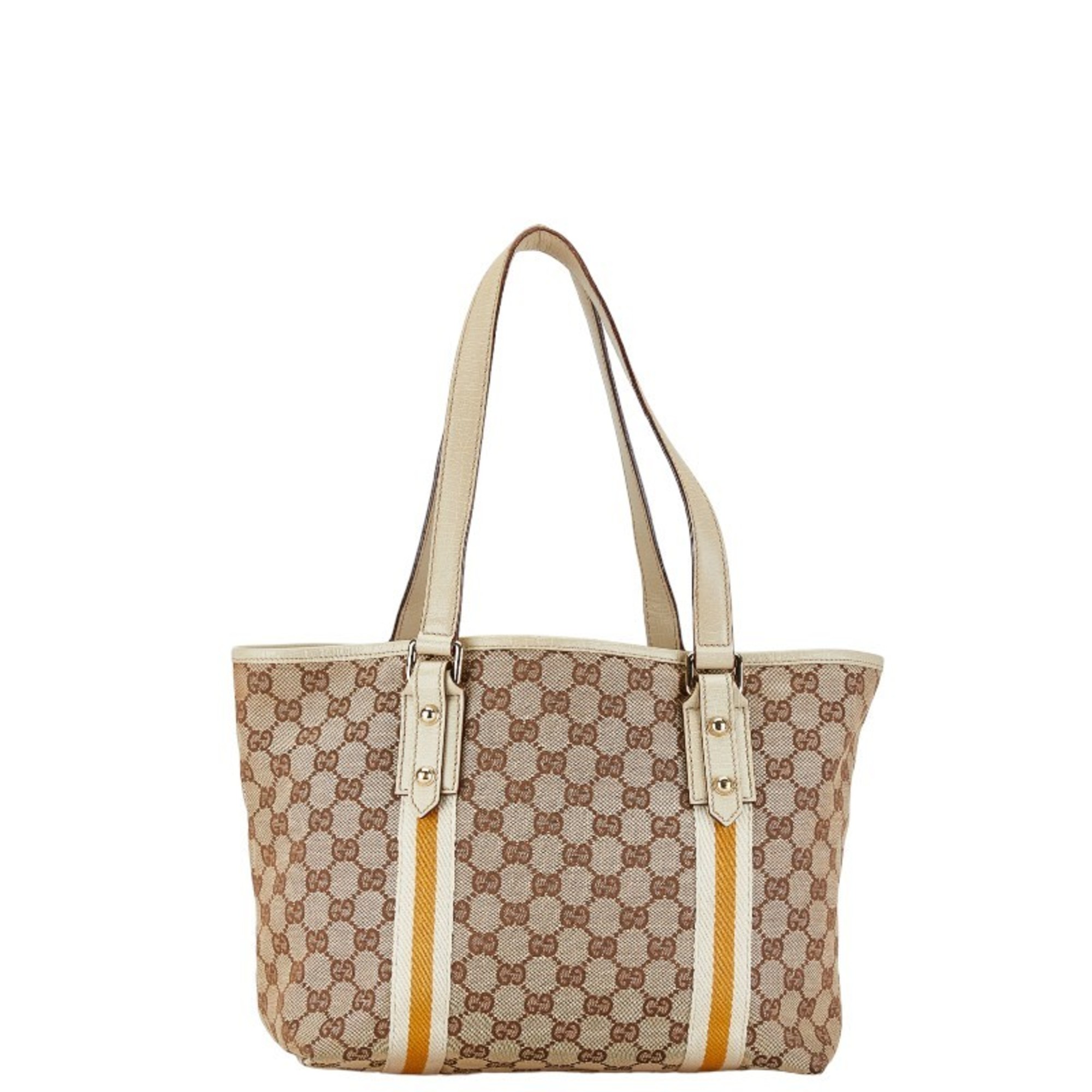 Gucci GG Canvas Sherry Line Tote Bag Handbag 137396 Beige Brown Leather Women's GUCCI