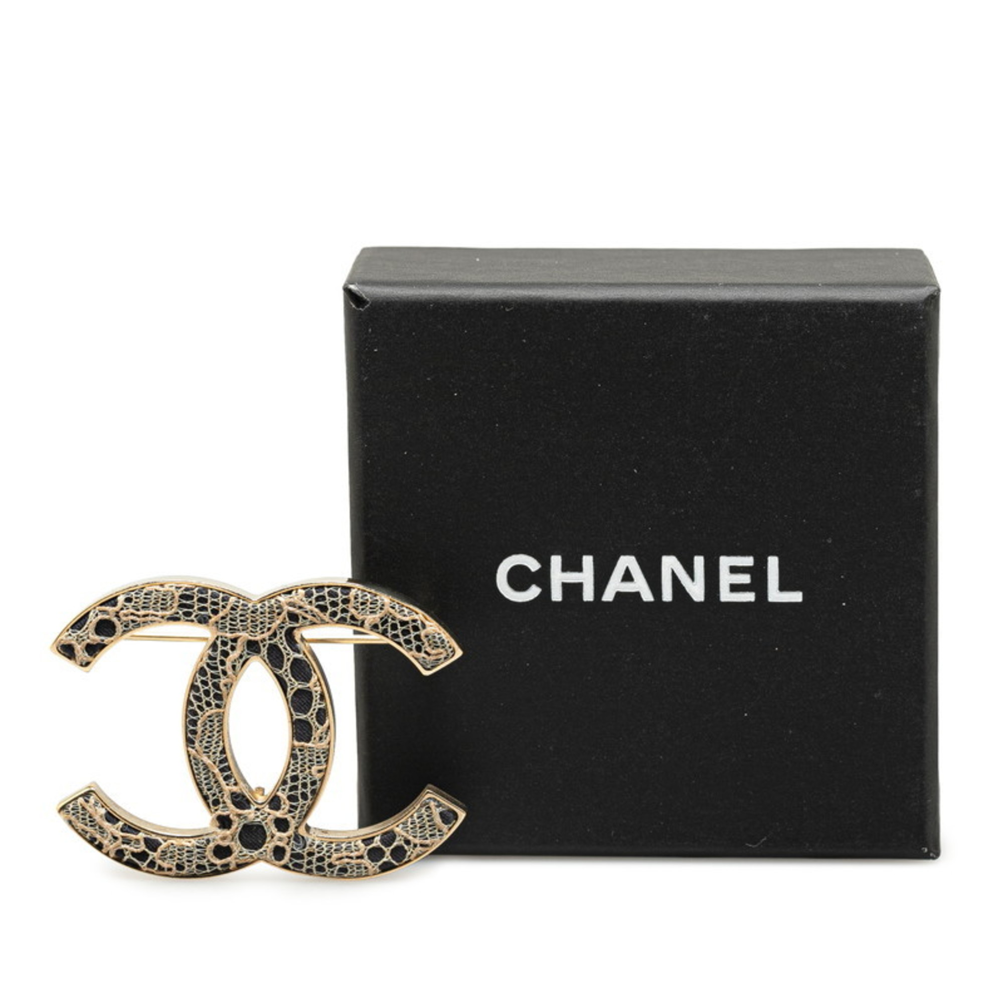 Chanel Coco Mark Corsage Lace Brooch Gold Black Plated Women's CHANEL