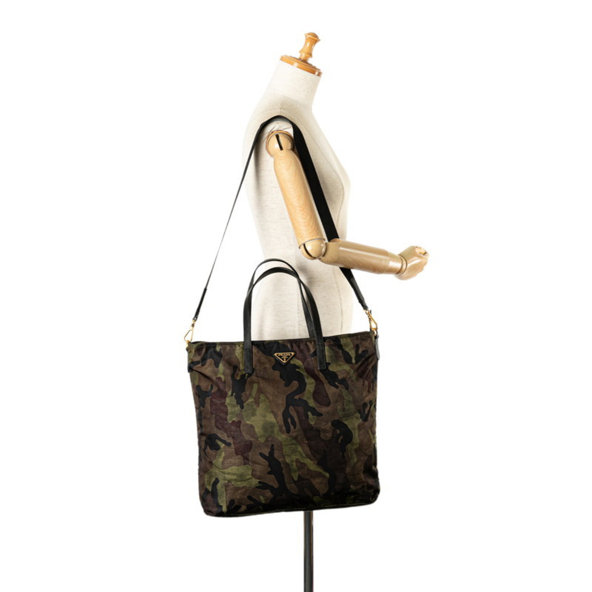 Prada Triangle Plate Camouflage Handbag Shoulder Bag B2600A Khaki Green Nylon Leather Women's PRADA