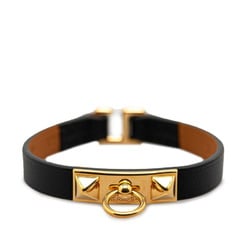 Hermes Rival Bracelet #T2 Black Gold Leather Women's HERMES