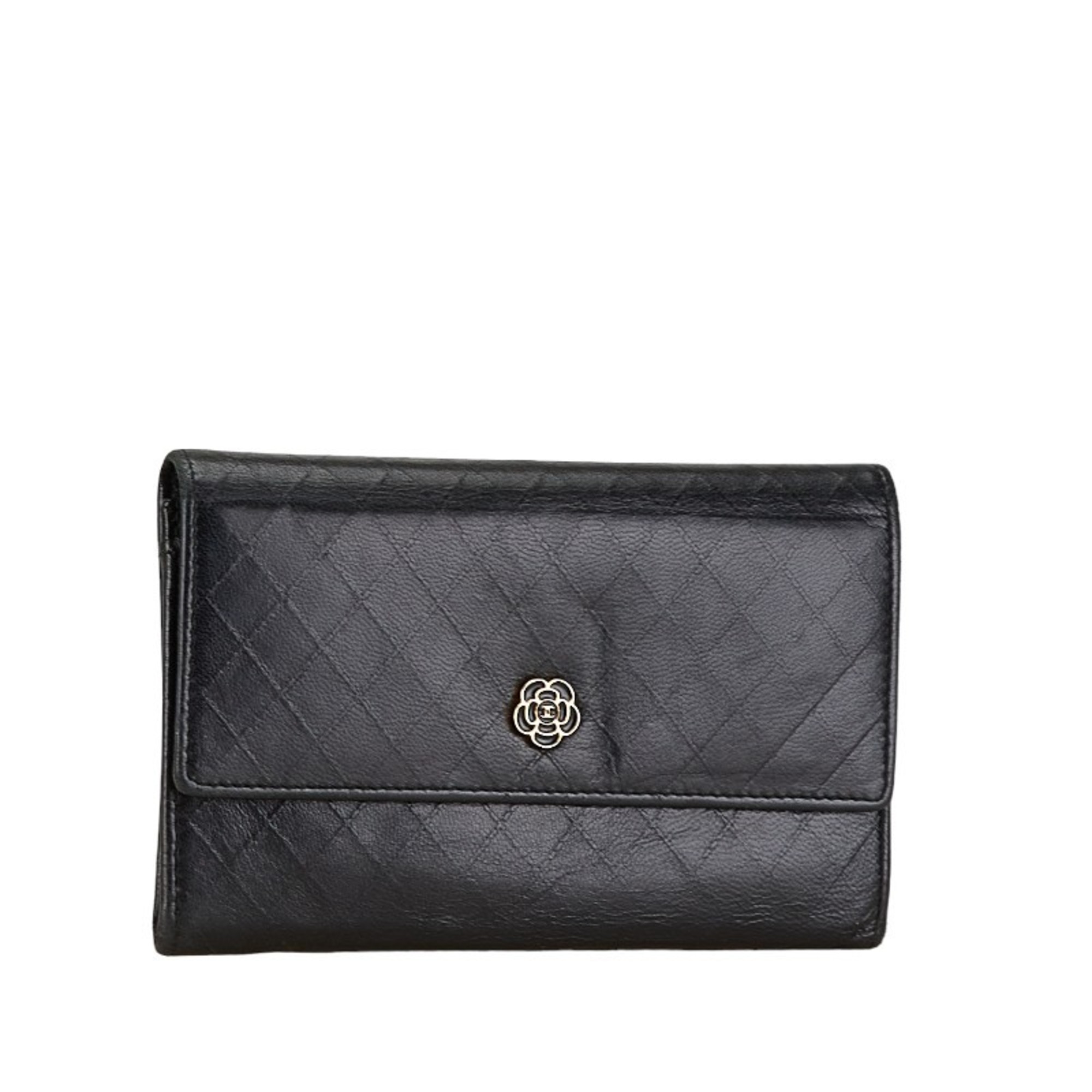 Chanel Camellia Matelasse GINZA Medium Wallet Compact Black Leather Women's CHANEL