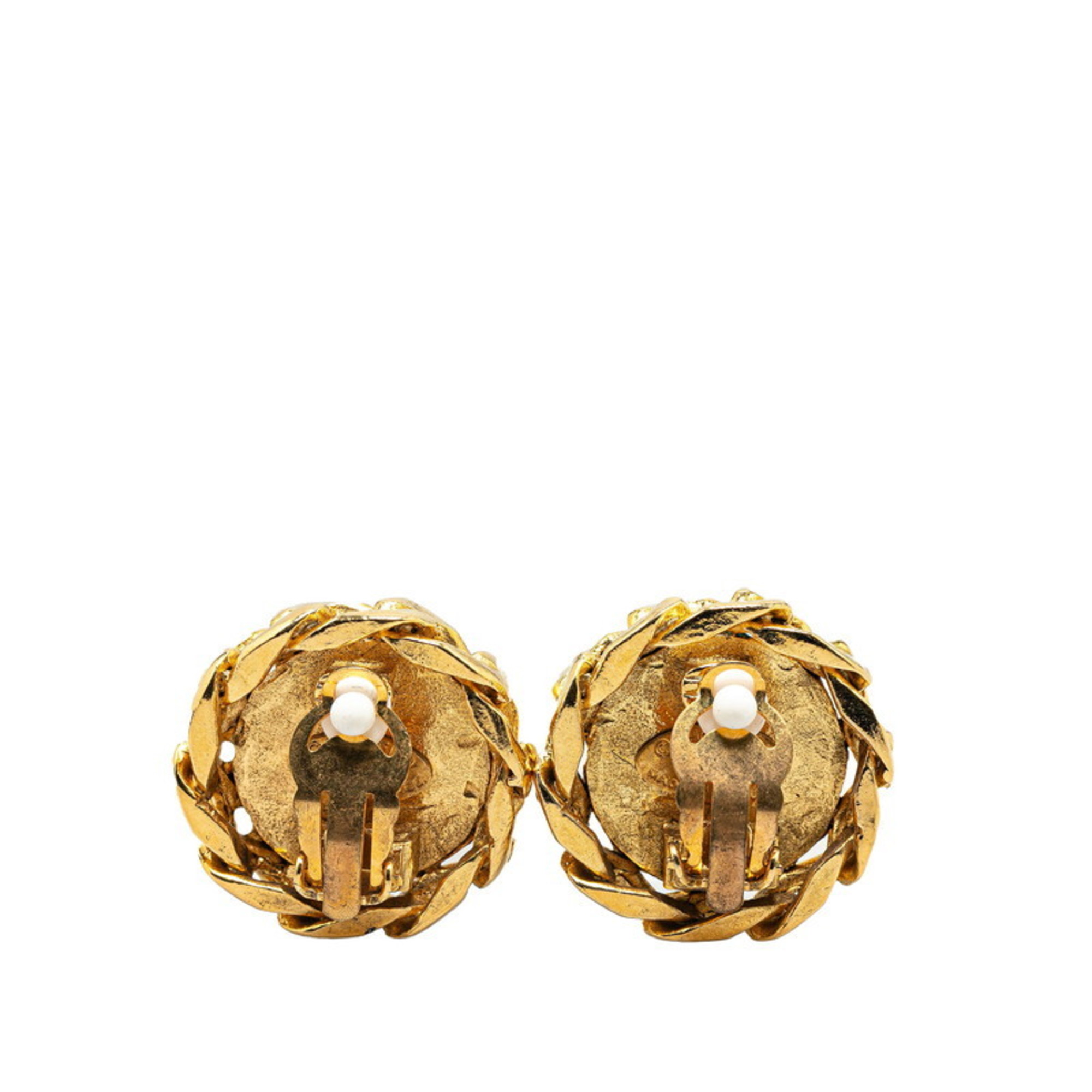 Chanel Coco Mark Rhinestone Chain Earrings Gold Plated Women's CHANEL